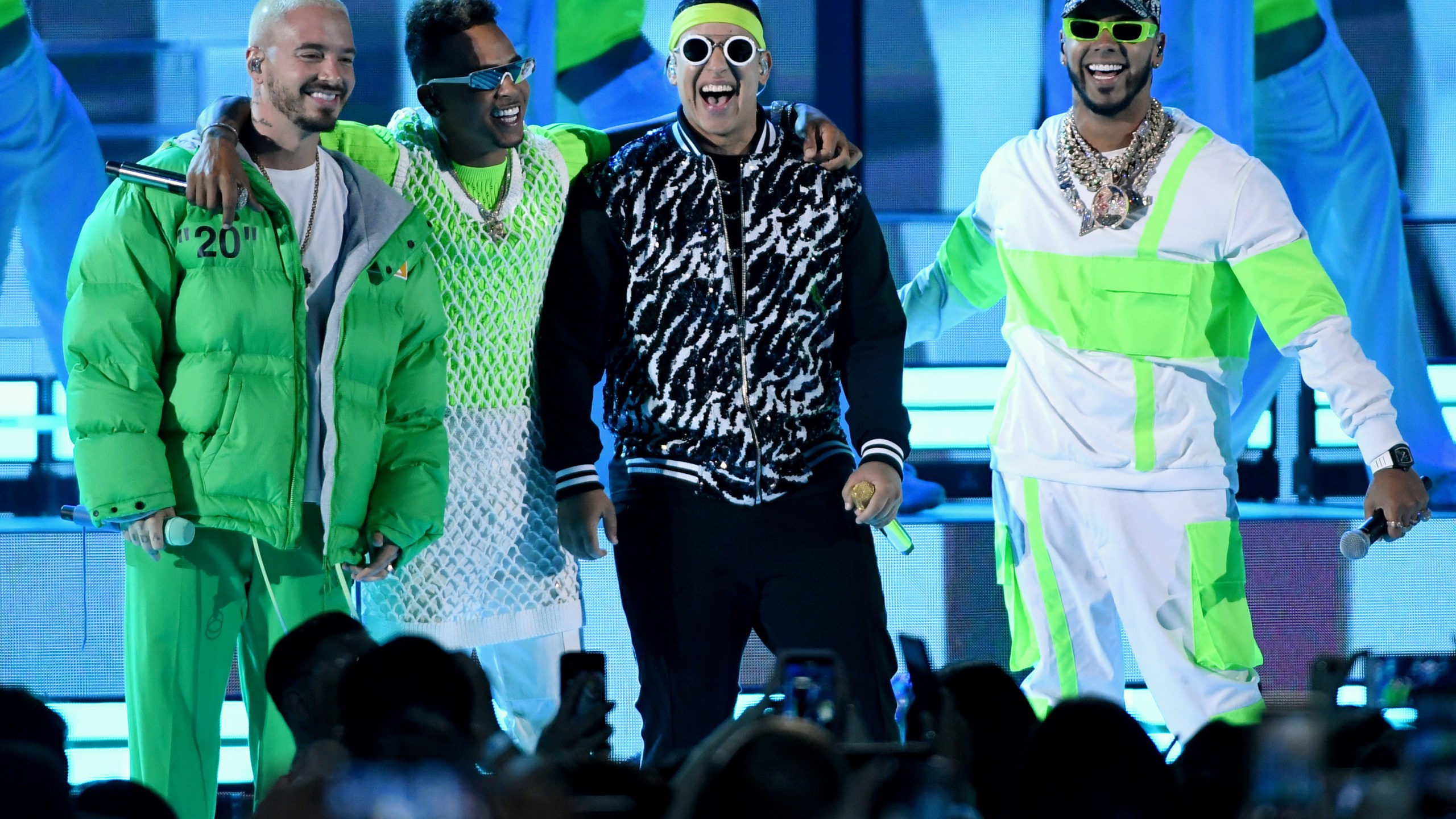 From left to right: J Balvin, Ozuna, Daddy Yankee and Anuel AA perform during the 2019 Billboard Latin Music Awards at the Mandalay Bay Events Center on April 25, 2019, in Las Vegas, Nevada. (Credit: Ethan Miller/Getty Images)