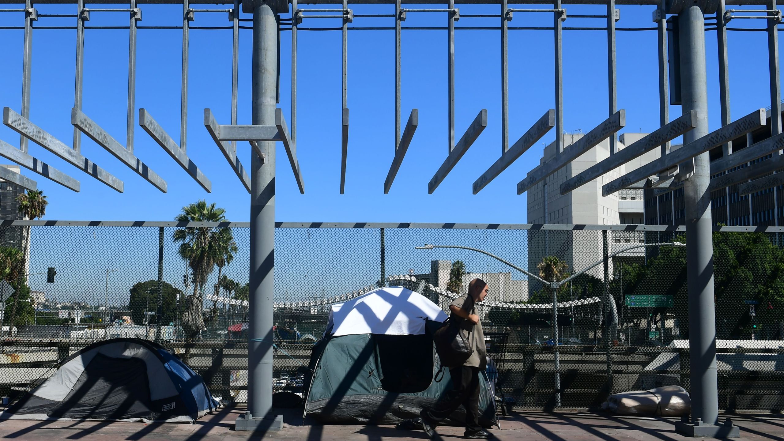 A pedestrian walks past tents housing homeless people in Los Angeles on Aug. 14, 2019. (Credit: Frederic J. Brown / AFP / Getty Images)