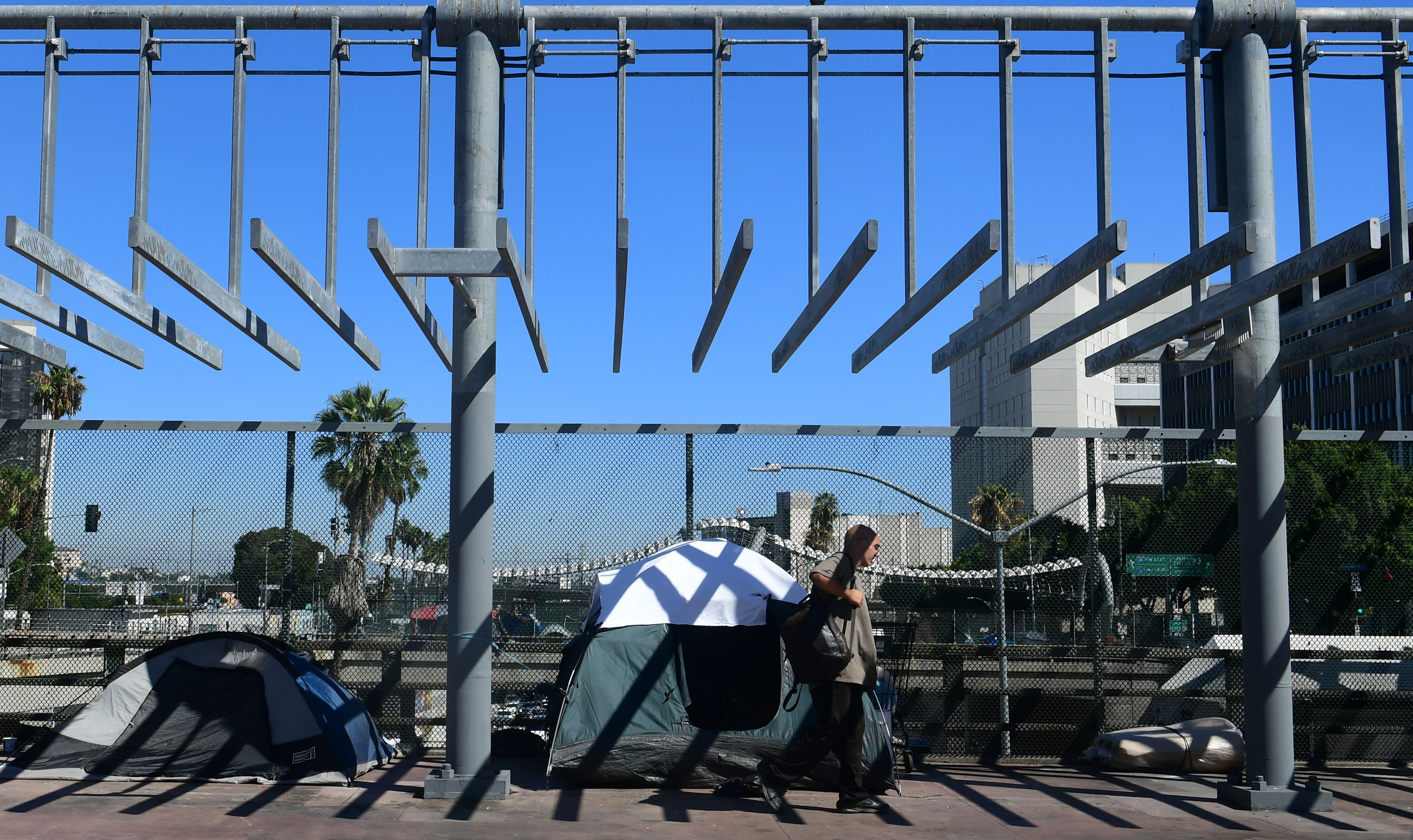 A pedestrian walks past tents housing homeless people in Los Angeles on Aug. 14, 2019. (Credit: Frederic J. Brown / AFP / Getty Images)