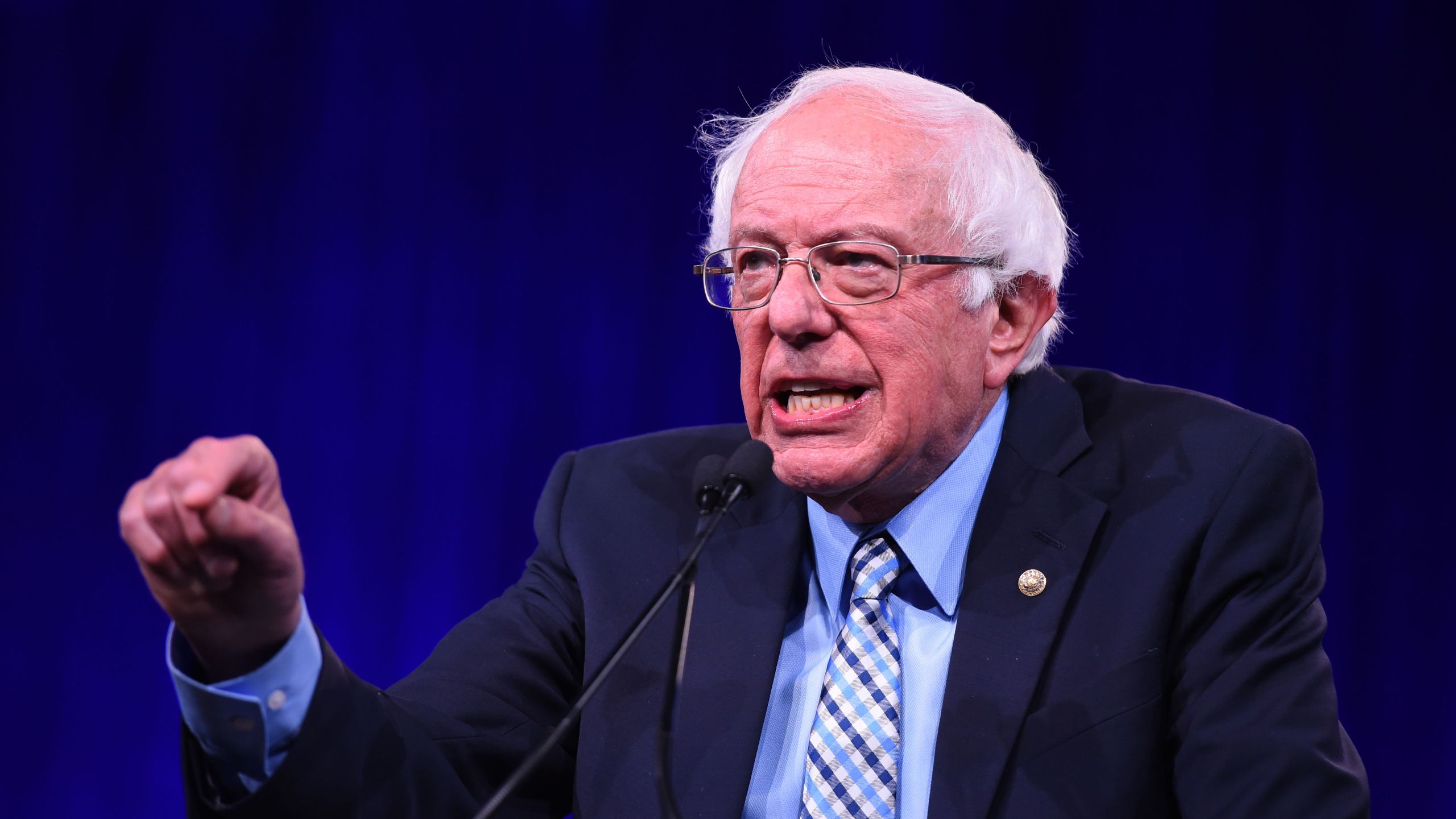 2020 Democratic Presidential hopeful Senator for Vermont Bernie Sanders speaks on-stage during the Democratic National Committee's summer meeting in San Francisco, California on August 23, 2019. (Credit: JOSH EDELSON/AFP/Getty Images)