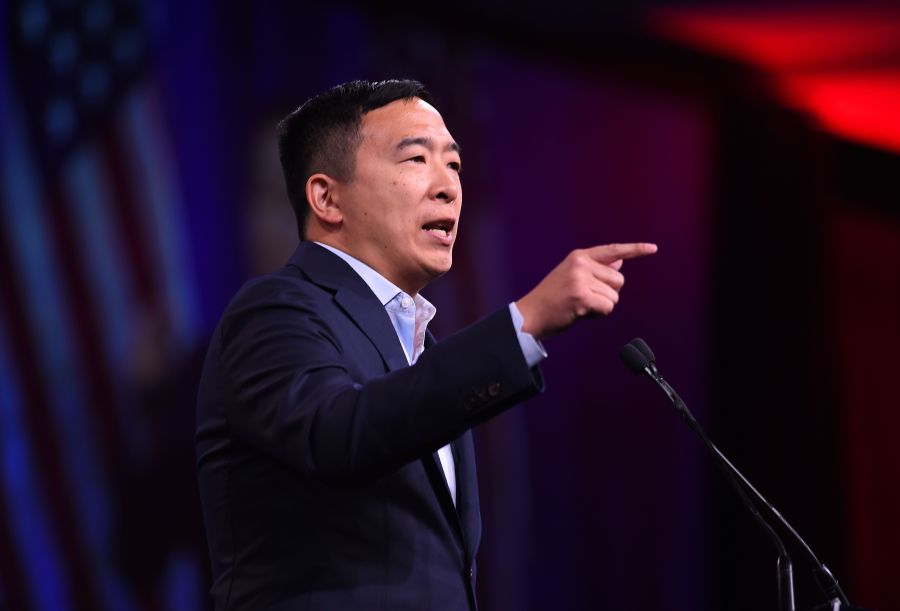 2020 Democratic Presidential hopeful Andrew Yang speaks on stage during the Democratic National Committee's summer meeting in San Francisco, California on August 23, 2019. (Credit: JOSH EDELSON/AFP/Getty Images)