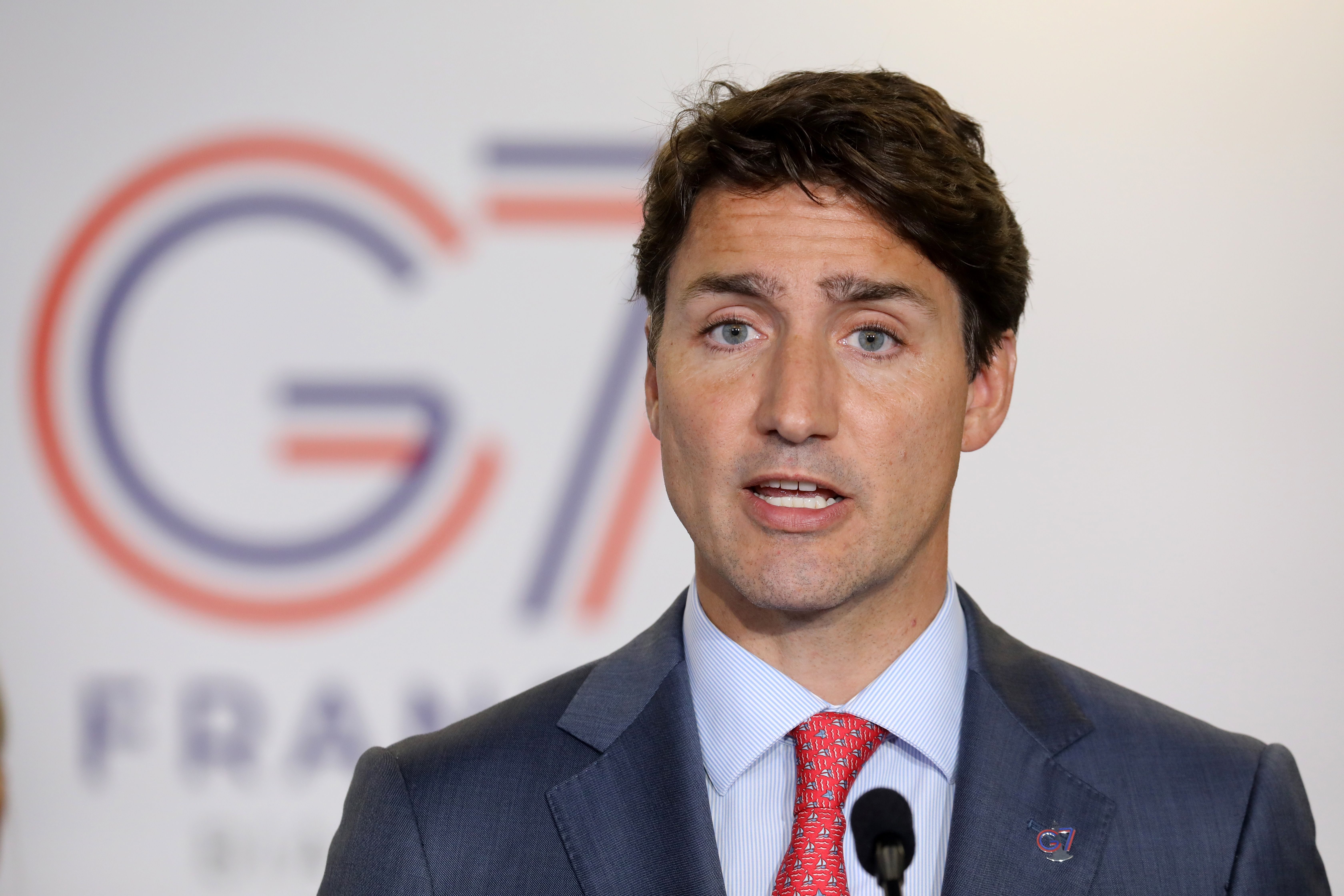 Canada's Prime Minister Justin Trudeau addresses media representatives at a press conference in Biarritz, south-west France on August 26, 2019. (Credit: LUDOVIC MARIN/AFP/Getty Images)