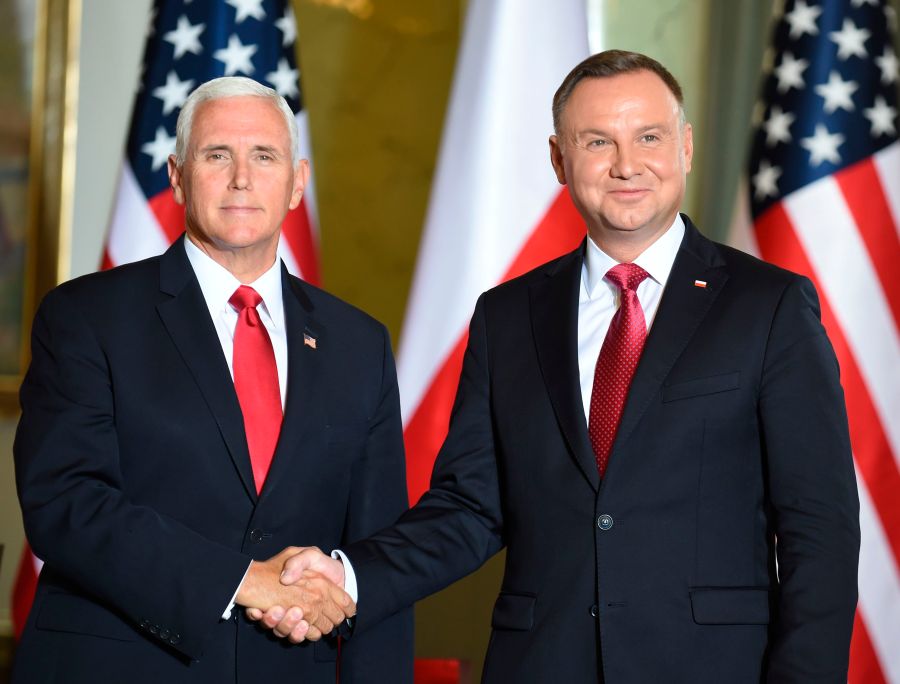 Polish President Andrzej Duda (right) shakes hand with U.S. Vice President Mike Pence during a meeting in Warsaw on Sept. 2, 2019. (Credit: JANEK SKARZYNSKI/AFP/Getty Images)