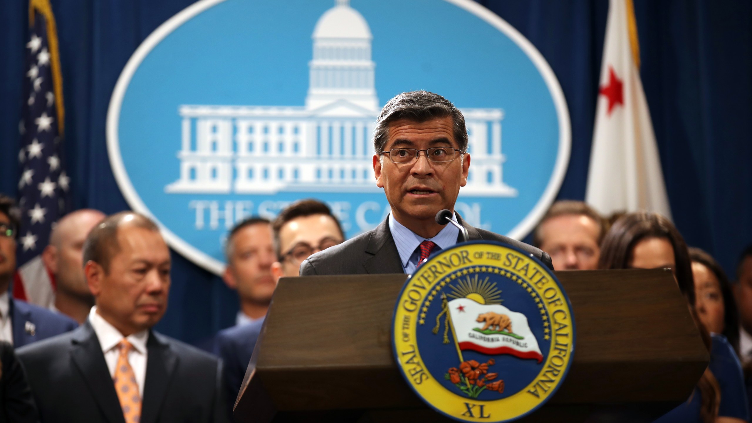 Attorney General Xavier Becerra speaks during a news conference with Gov. Gavin Newsom at the Capitol in Sacramento on Aug. 16, 2019. (Credit: Justin Sullivan / Getty Images)