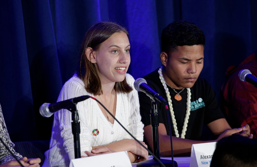 Activist Alexandria Villaseñor attends a press conference where 16 children from across the world present their official human rights complaint on the climate crisis to the United Nations Committee on the Rights of the Child in New York City on Sept. 23, 2019. (Credit: Kena Betancur / AFP / Getty Images)