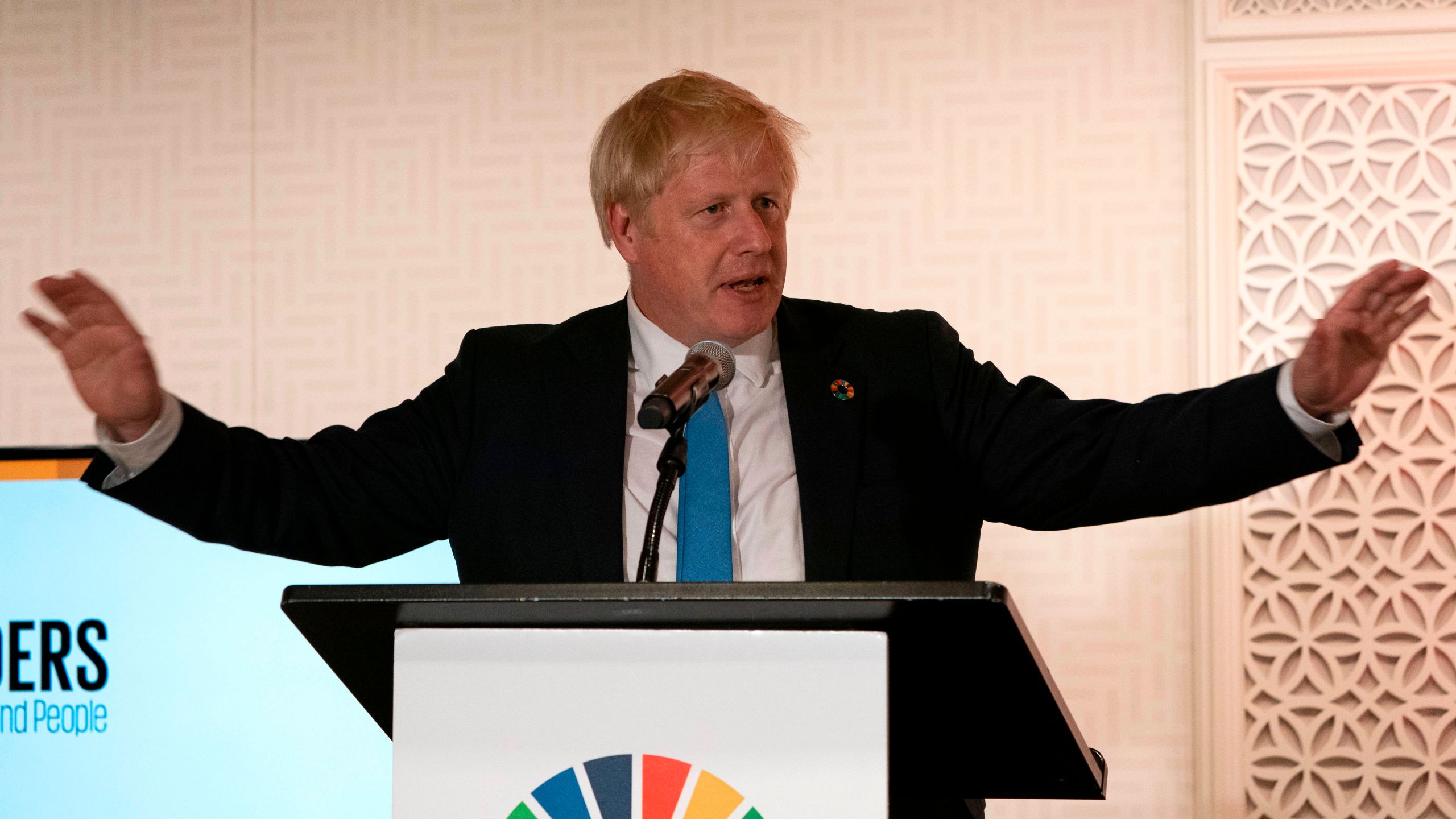 British Prime Minister Boris Johnson speaks at the Leaders for Nature and People event during the Climate Action Summit 2019 in the United Nations General Assembly Hall September 23, 2019. (Credit: DON EMMERT/AFP/Getty Images)