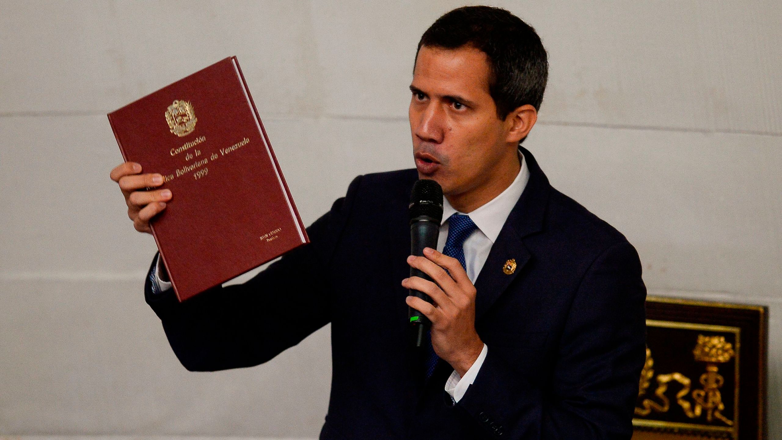 Venezuelan opposition leader and self-proclaimed acting president Juan Guaido speaks during a session of the National Assembly with the presence of pro-government deputies in Caracas on Sept. 24, 2019. (Credit: MATIAS DELACROIX/AFP/Getty Images)