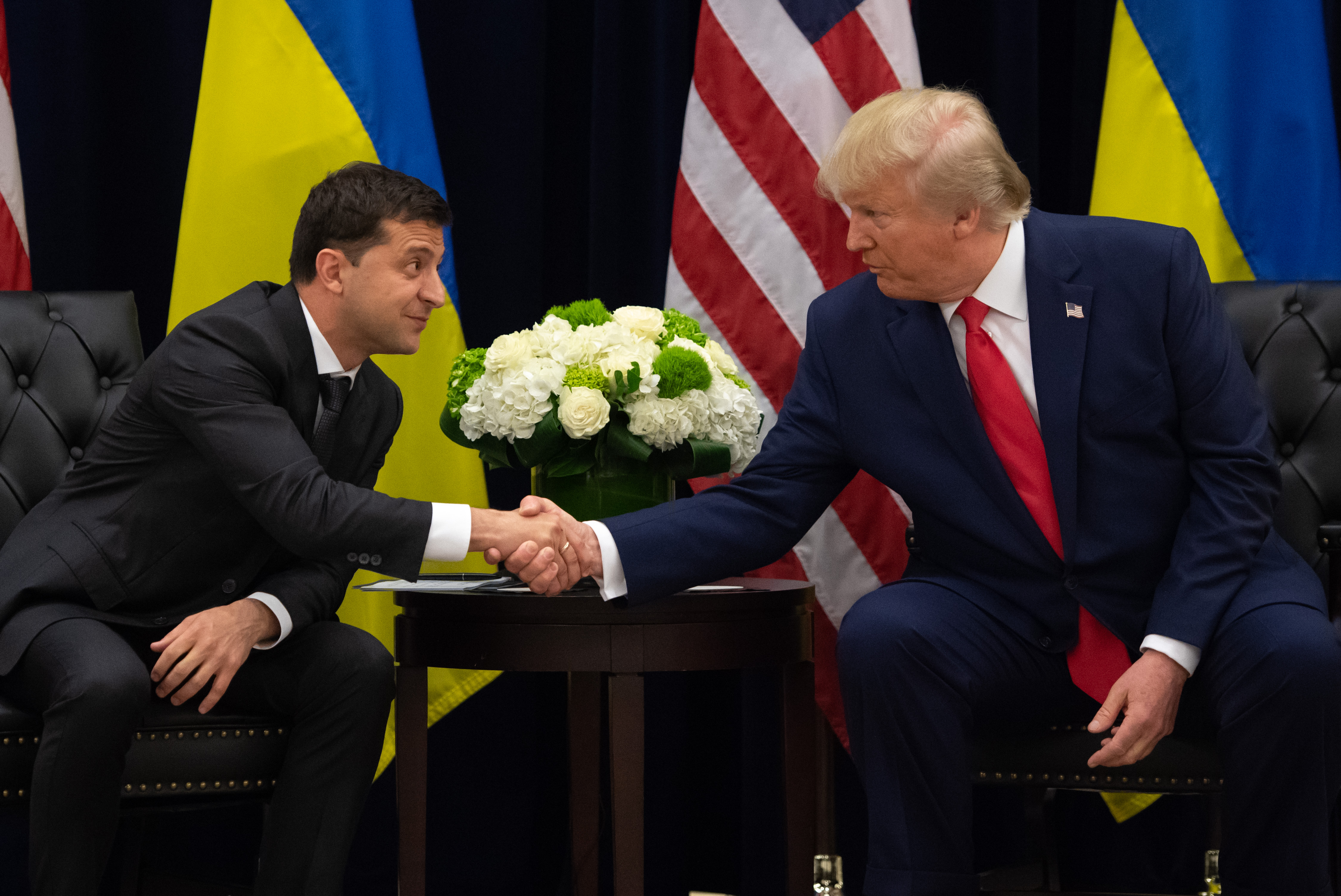 President Donald Trump and Ukrainian President Volodymyr Zelensky shake hands during a meeting in New York on Sep. 25, 2019. (Credit: Saul Loeb/AFP/Getty Images)