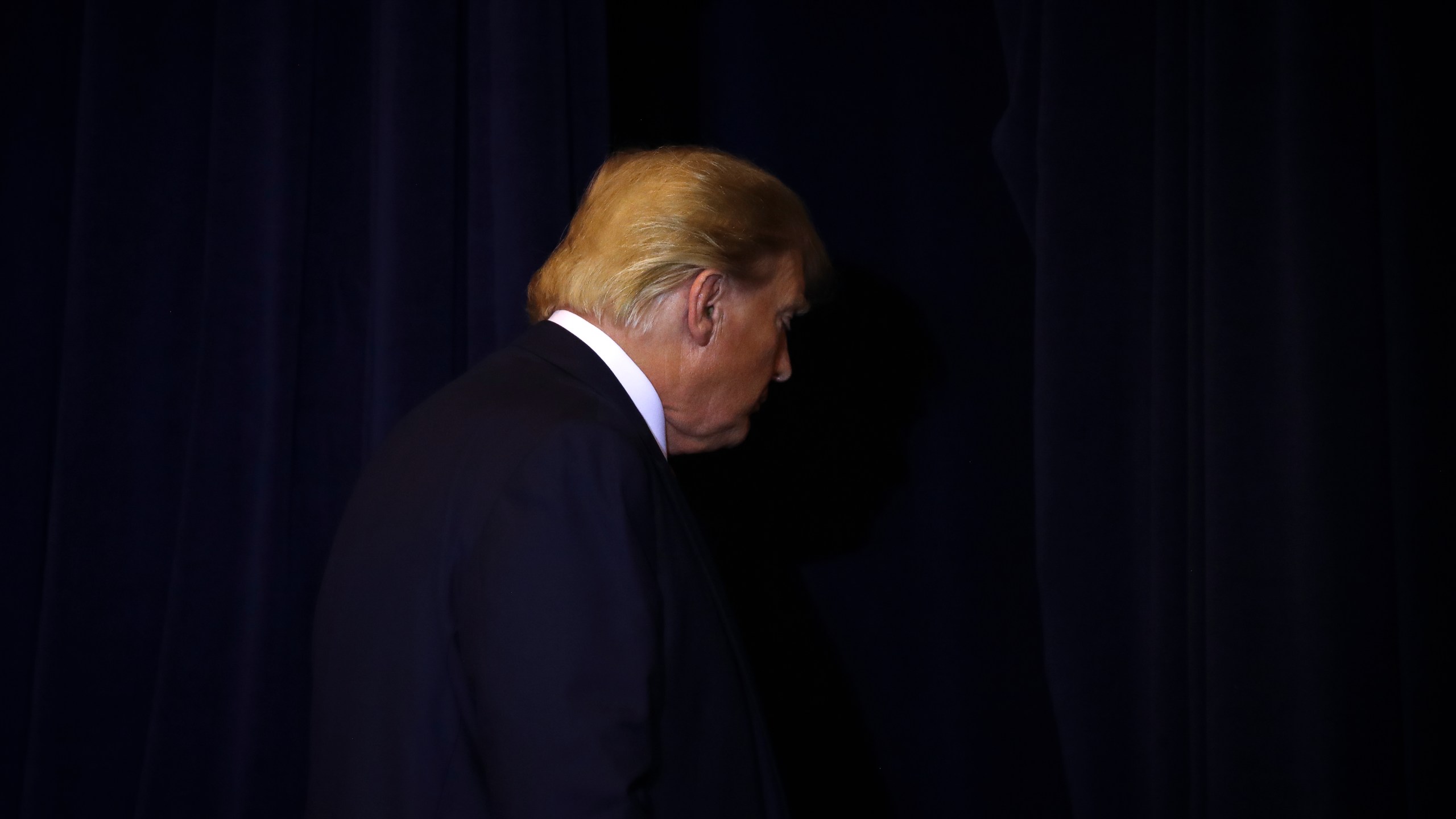 Donald Trump exits a press conference on the sidelines of the United Nations General Assembly on Sept. 25, 2019 in New York City. (Credit: Drew Angerer/Getty Images)