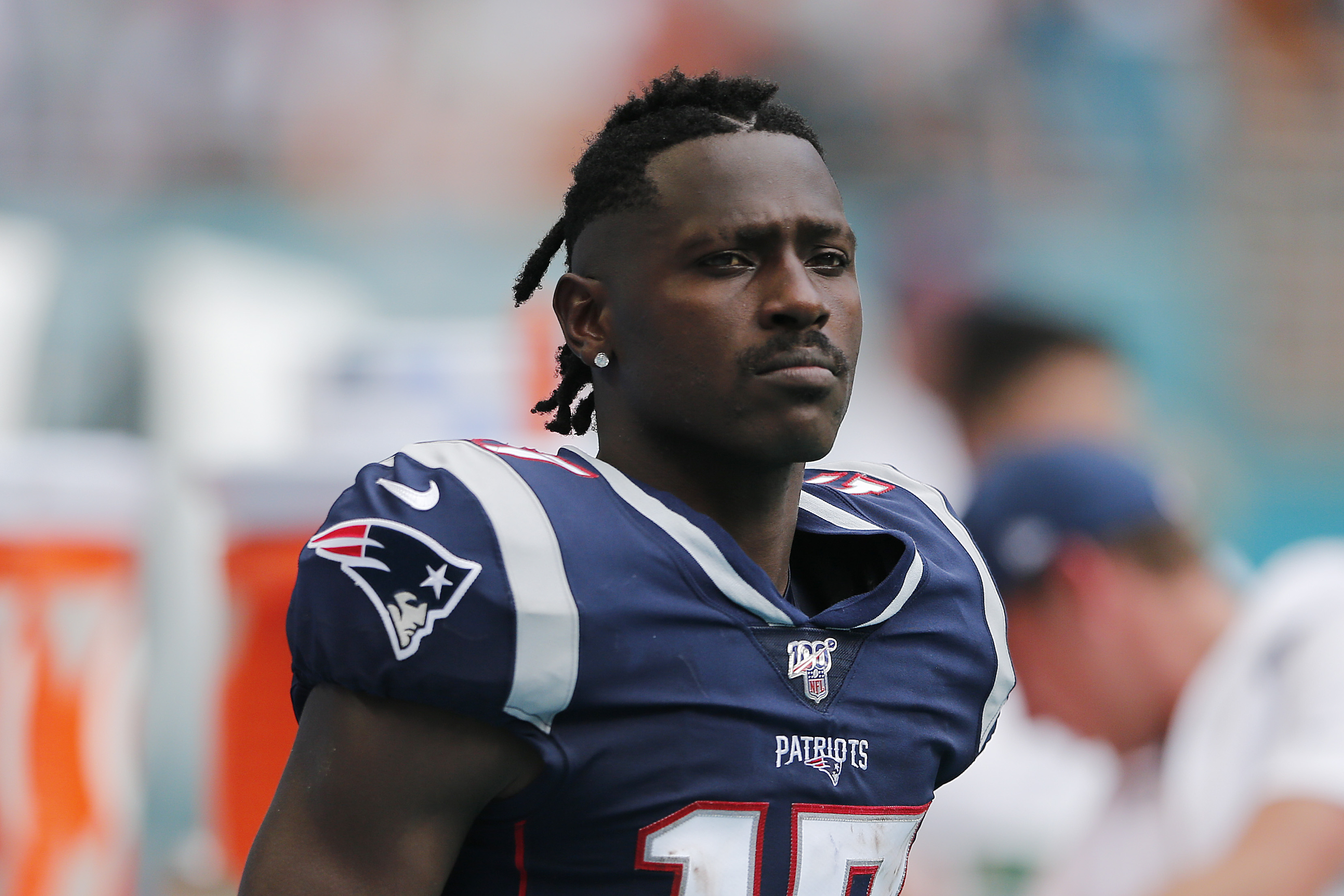 Antonio Brown of the New England Patriots looks on against the Miami Dolphins during the fourth quarter at Hard Rock Stadium on September 15, 2019 in Miami, Florida. (Credit: Michael Reaves/Getty Images)