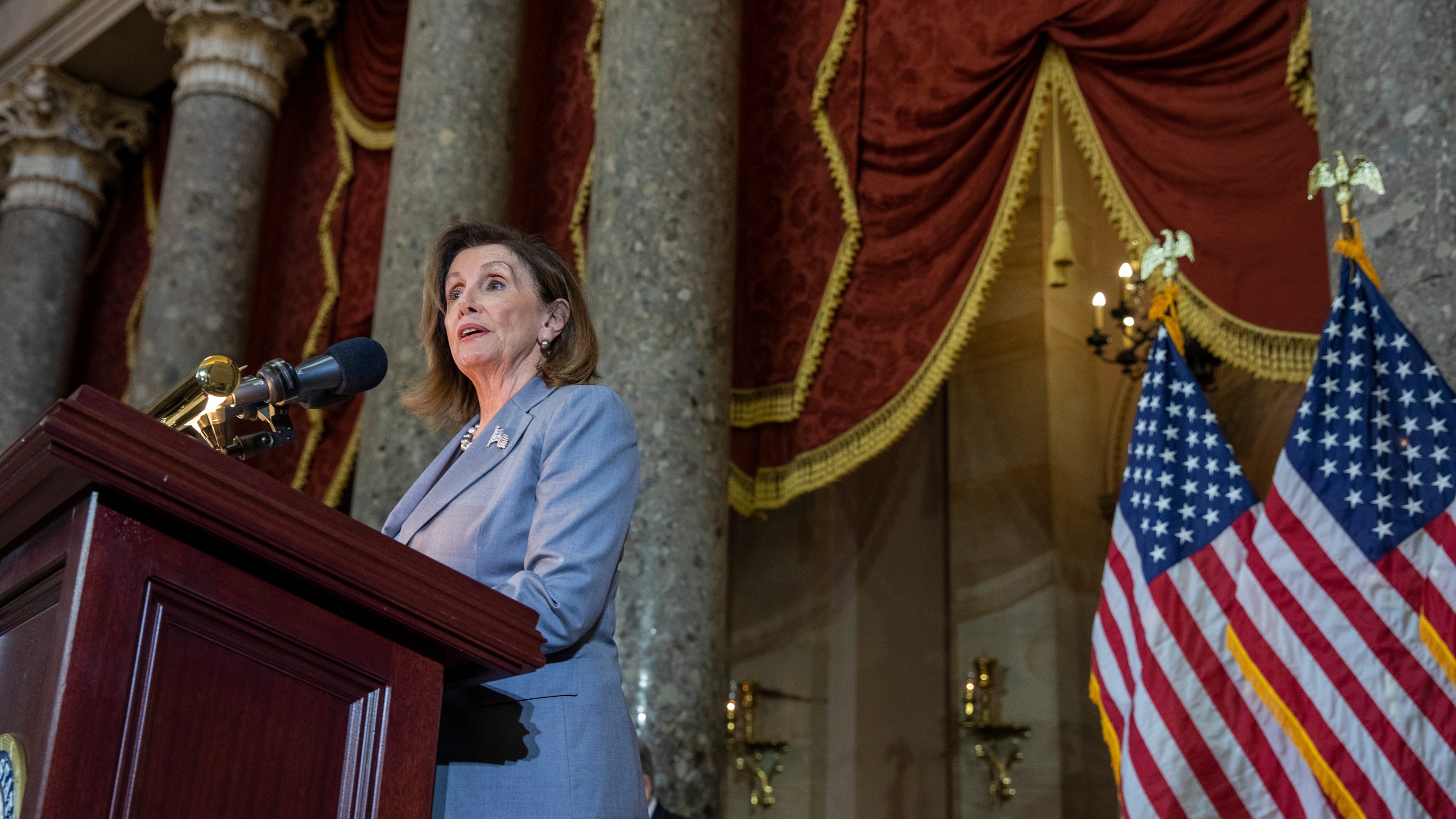 House Speaker Nancy Pelosi (D-CA) speaks at the Congressional statue dedication ceremony honoring Ponca Chief Standing Bear of Nebraska on Sept. 18, 2019 in Washington, D.C. (Credit: Tasos Katopodis/Getty Images)