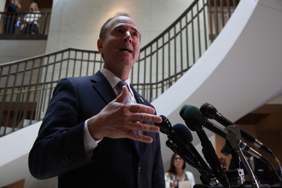 Rep. Adam Schiff (D-CA) speaks to members of the media after Intelligence Community Inspector General Michael Atkinson met behind closed doors with the House Intelligence Committee at the U.S. Capitol Sept. 19, 2019. (Credit: Alex Wong/Getty Images)