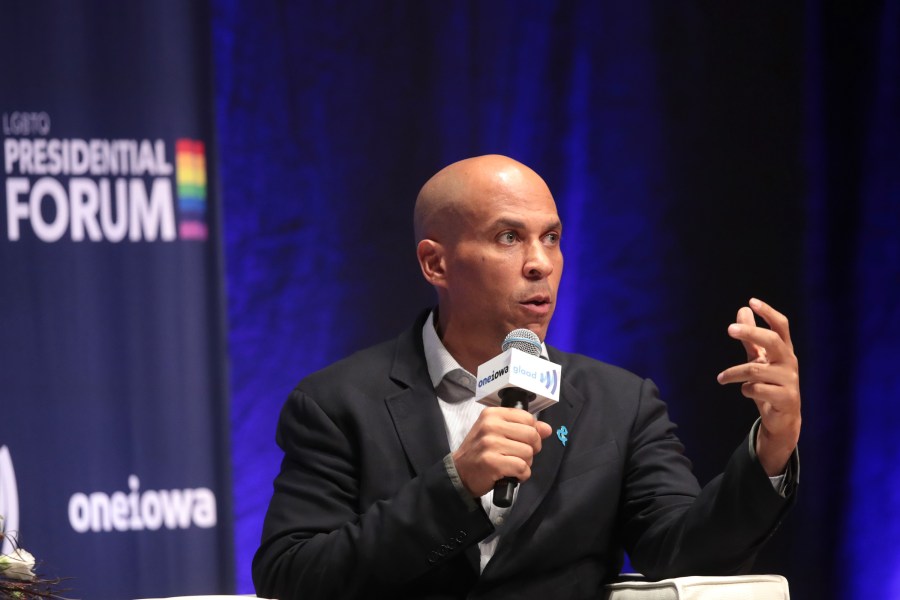 Democratic presidential candidate and New Jersey senator Cory Booker speaks at an LGBTQ presidential forum at Coe College’s Sinclair Auditorium on Sept. 20, 2019 in Cedar Rapids, Iowa. (Credit: Scott Olson/Getty Images)