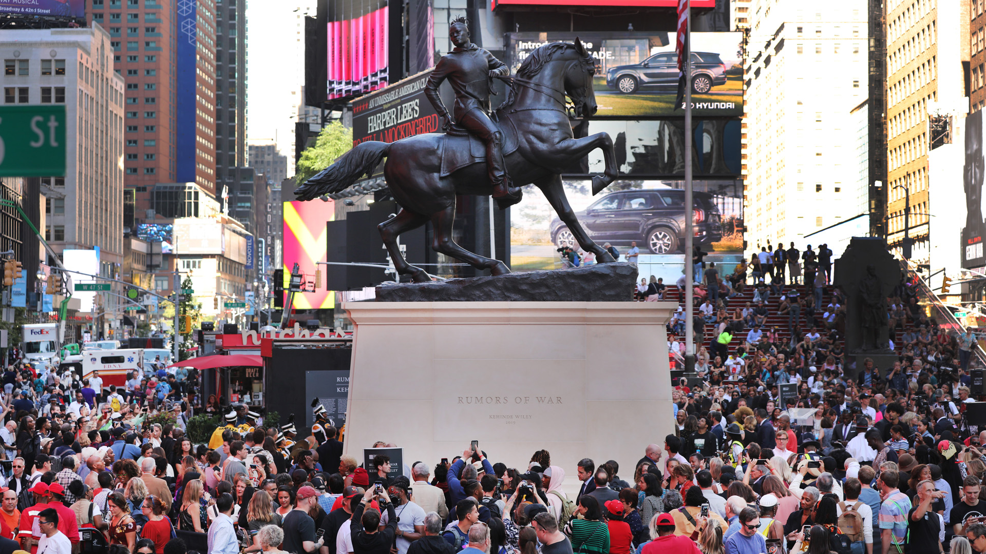 The sculpture "Rumors of War" is unveiled in Times Square on September 27, 2019 in New York City. (Credit: Spencer Platt/Getty Images)