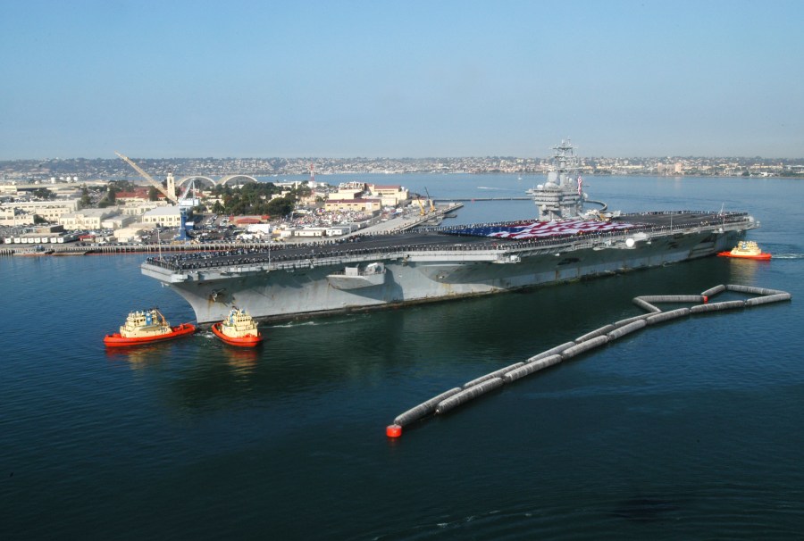 In this U.S. Navy handout, the USS Nimitz arrives in her homeport at Naval Air Station North Island November 5, 2003 in Coronado, California.