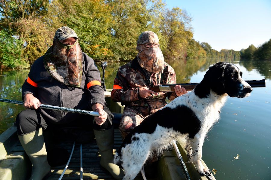 Waterfowl hunters with their Springer Spaniel dog, steer a boat on Le Loir river, during a duck hunting in Vaas, France, on Oct. 15, 2017. (Credit: JEAN-FRANCOIS MONIER/AFP/Getty Images)