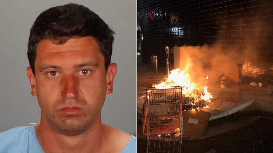 Richard Smallets is shown in a photo released by the Glendale Police Department on Sept. 24, 2019 along with a photo of the fire he allegedly started.