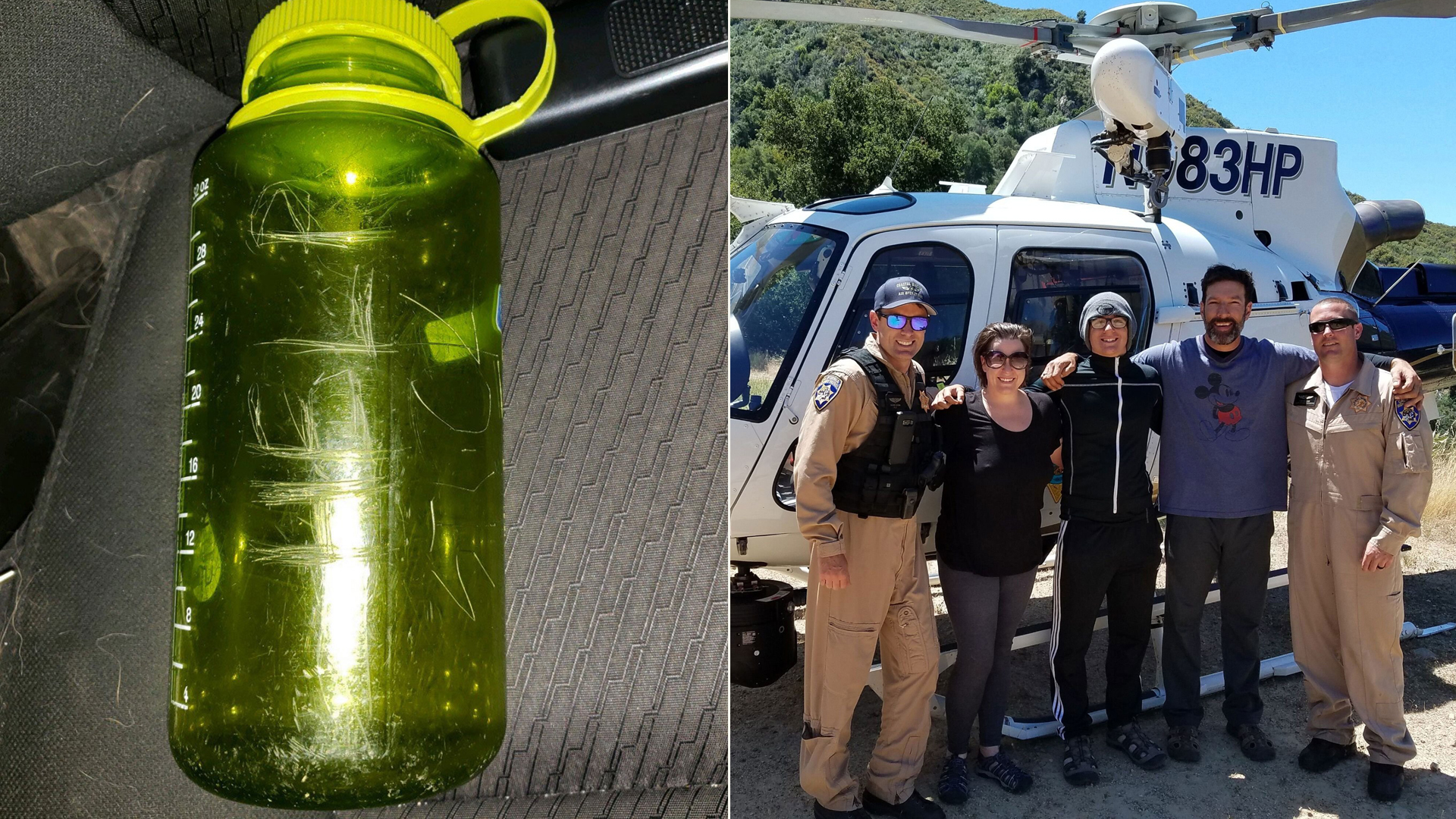 A family stranded while backpacking in the Arroyo Seco River carved "HELP" on a green bottle in June 2019. On the right, Curtis Whitson, his 13-year-old son and girlfriend, Krystal Ramirez, pose with rescue crews. (Credit: Curtis Whitson via CNN)