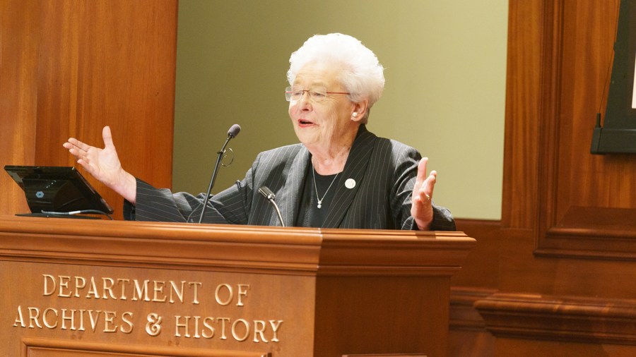 Alabama Gov. Kay Ivey speaks at an event at the Alabama Department of Archives and History in Montgomery on Sept. 3, 2019, in a photo released by her office.