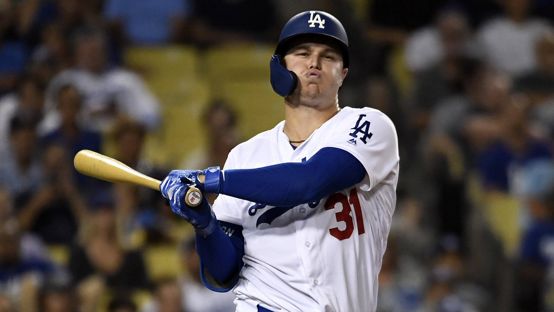 Joc Pederson of the Los Angeles Dodgers swings against Colorado Rockies during the sixth inning at Dodger Stadium on September 4, 2019 in Los Angeles. (Credit: Kevork Djansezian/Getty Images)