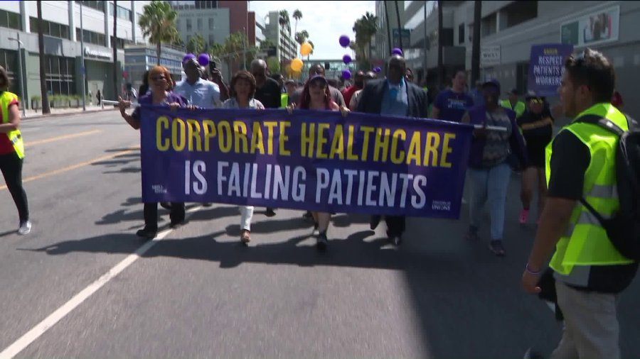 Workers protest alleged unfair labor practices of Kaiser Permanente during a rally in East Hollywood on Sept. 2, 2019. (Credit: KTLA)