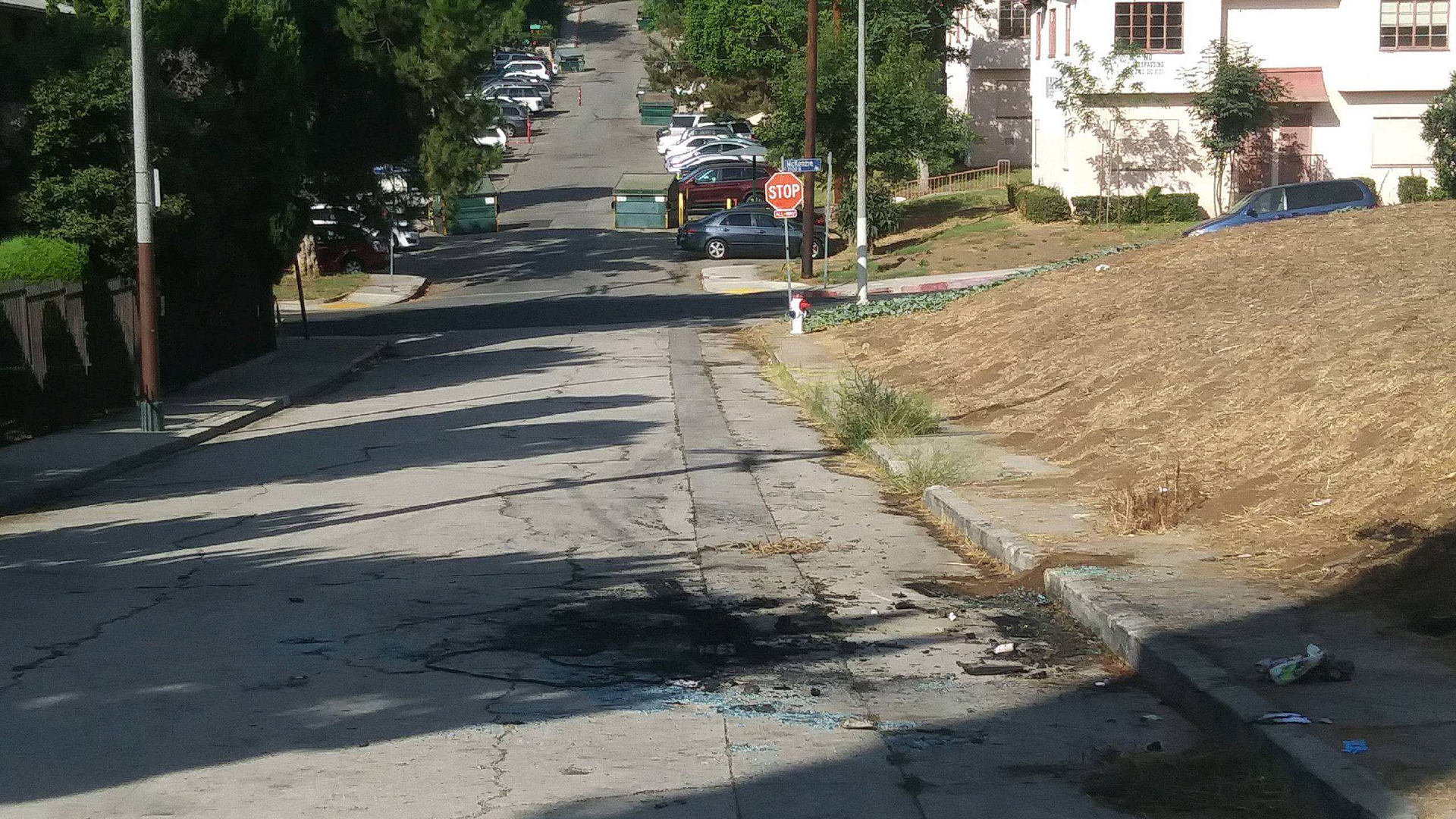 The site where a dead body was found in a burning out car in Montecito Heights is seen on Sept. 30, 2019. (Credit: KTLA)