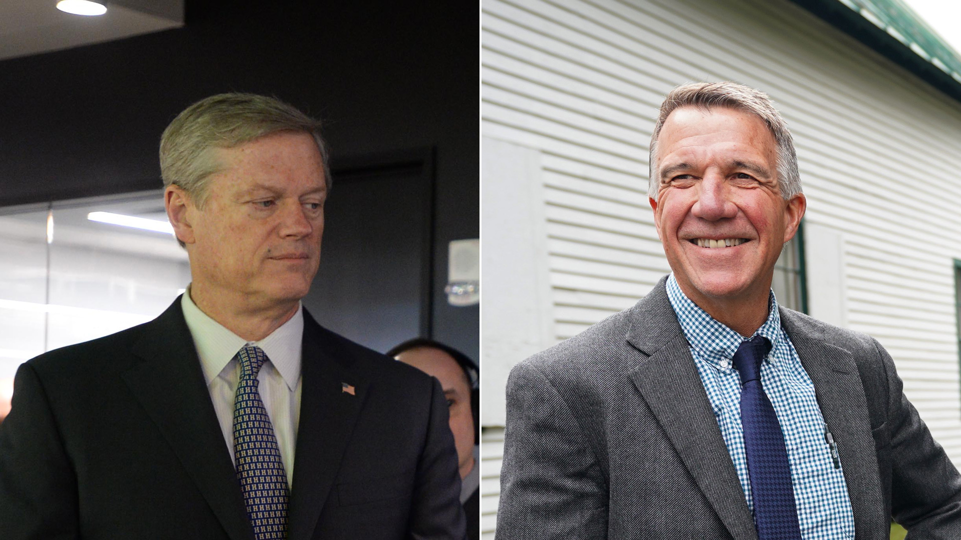 Left, Massachusetts Gov. Charlie Baker on March 26, 2019, in Boston, Massachusetts; right, Vermont Gov. Phil Scott on Sept. 14, 2018. (Credit: left Darren McCollester/Getty Images for DraftKings; right, DON EMMERT/AFP/Getty Images)