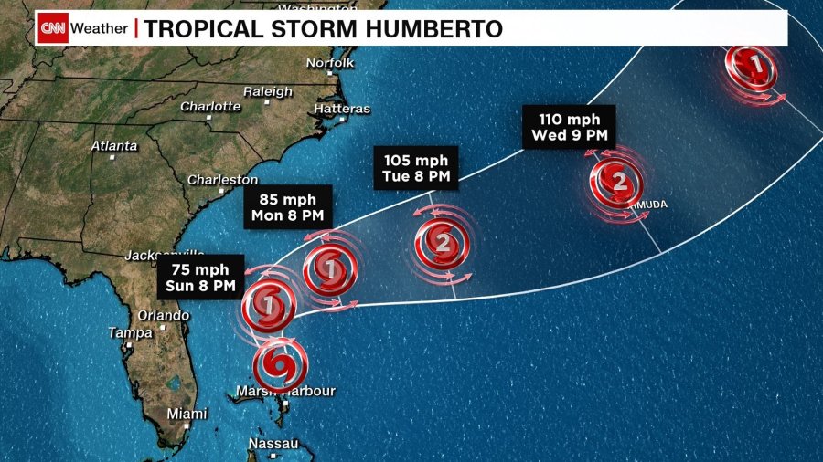 Humberto was upgraded to a hurricane as it moved farther east into the Atlantic Ocean and away from land. (Credit: CNN)