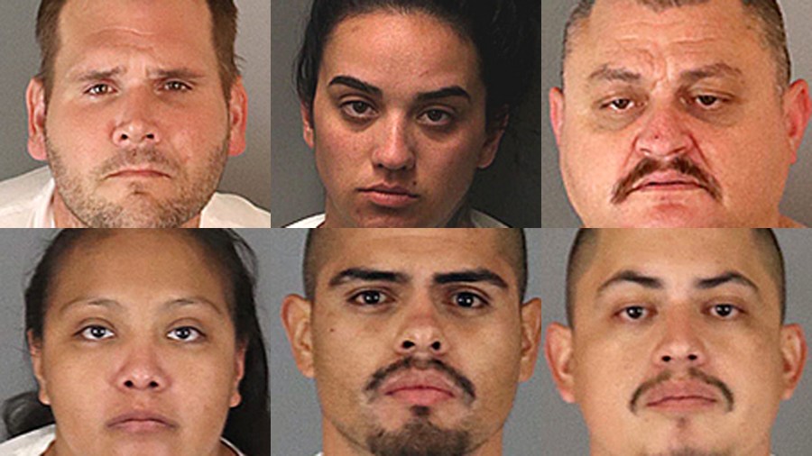 The people allegedly involved in a killing near Lake Elsinore in August 2019 are seen in photos released by the Riverside County Sheriff's Department on Sept. 19, 2019. Clockwise from left to right: Tyrone Jones, 37; Melissa Unger, 23; Roberto Camacho, 43; Christian Meza, 28; Alejandro Villegas, 25; and Christina Meza, 28.