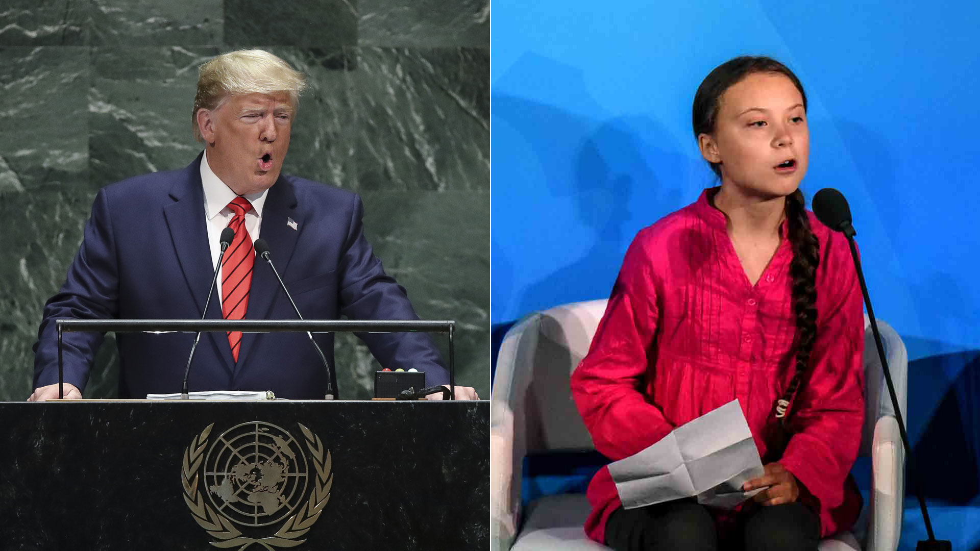 Left: President Donald Trump addresses the United Nations General Assembly at UN headquarters on September 24, 2019 in New York City; Right: Youth activist Greta Thunberg speaks at the Climate Action Summit at the United Nations on September 23, 2019 in New York City. (Credits: Drew Angerer/Getty Images Stephanie Keith/Getty Images)