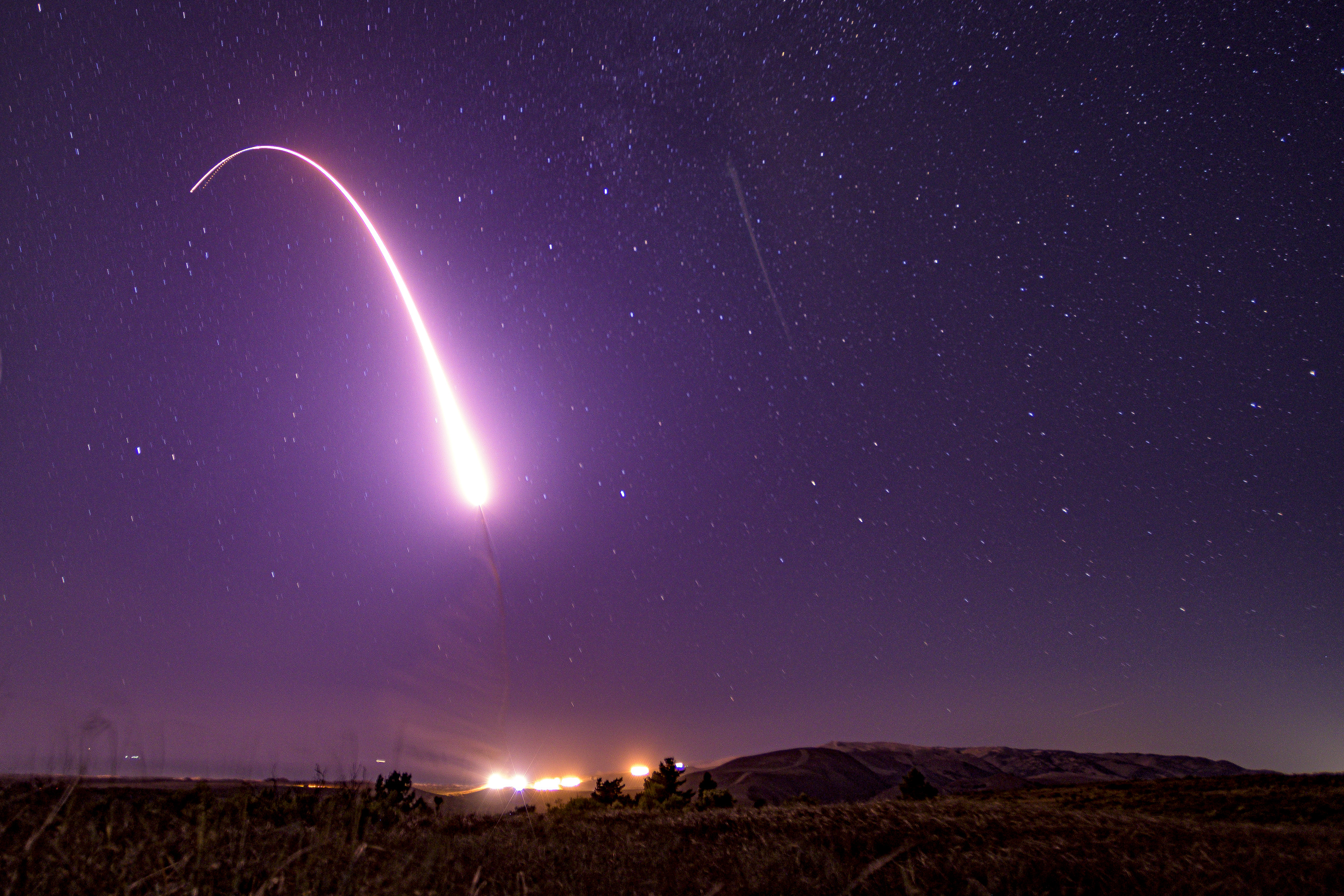 An unarmed Minuteman III intercontinental ballistic missile launches during an operational test at 1:13 a.m. on Oct. 2, 2019 at Vandenberg Air Force Base. (Credit: U.S. Air Force Photo by Staff Sgt. J.T. Armstrong)