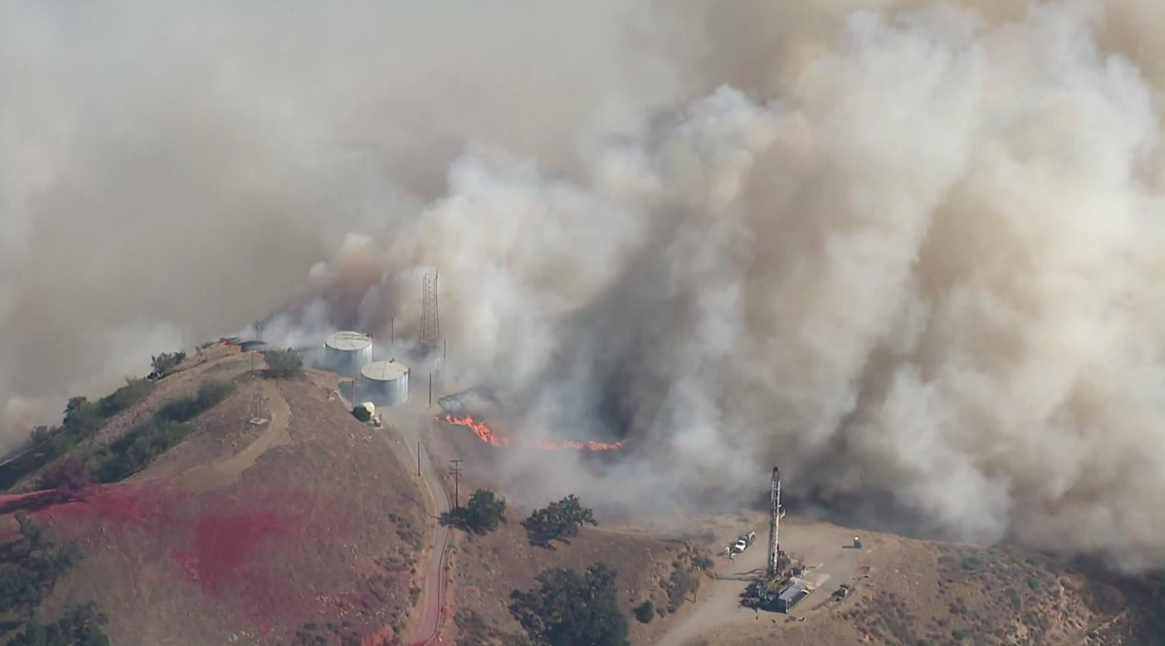 The Saddleridge Fire burned near the Aliso Canyon gas facility on Oct. 11, 2019. (Credit: Sky5)