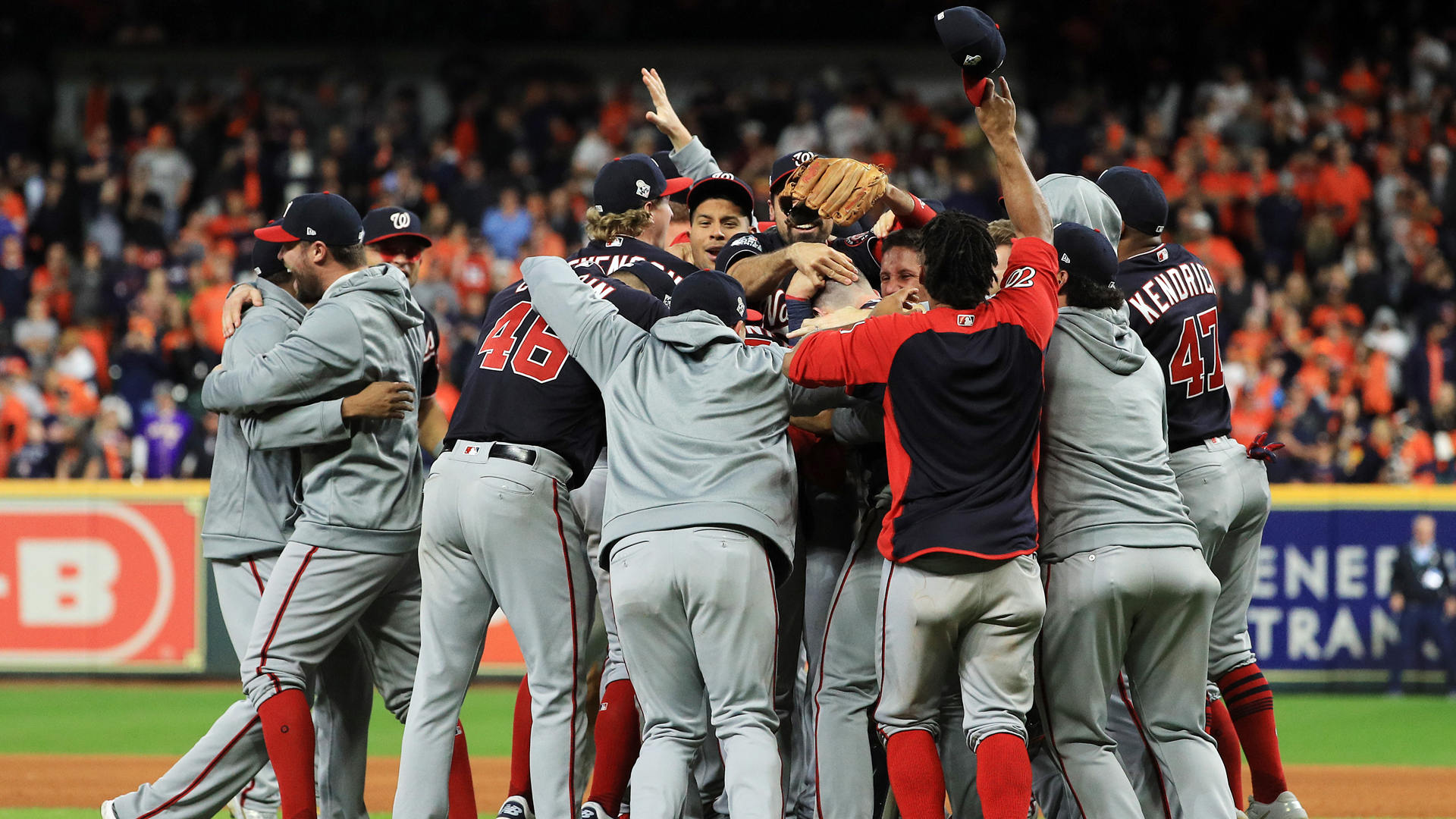 The Washington Nationals celebrate after defeating the Houston Astros 6-2 in Game Seven to win the 2019 World Series in Game Seven of the 2019 World Series at Minute Maid Park on October 30, 2019 in Houston, Texas. (Credit: Mike Ehrmann/Getty Images)