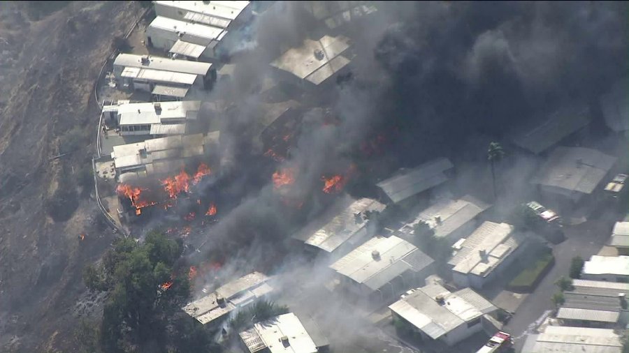 The Sandalwood Fire leaves several homes destroyed at a mobile home park in Calimesa on Oct. 10, 2019. (Credit: KTLA)