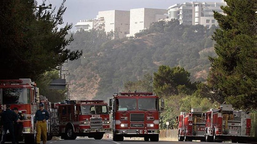 Fire trucks at a staging area on Sepulveda Boulevard near the Getty Center entrance.(Credit: Al Seib / Los Angeles Times)