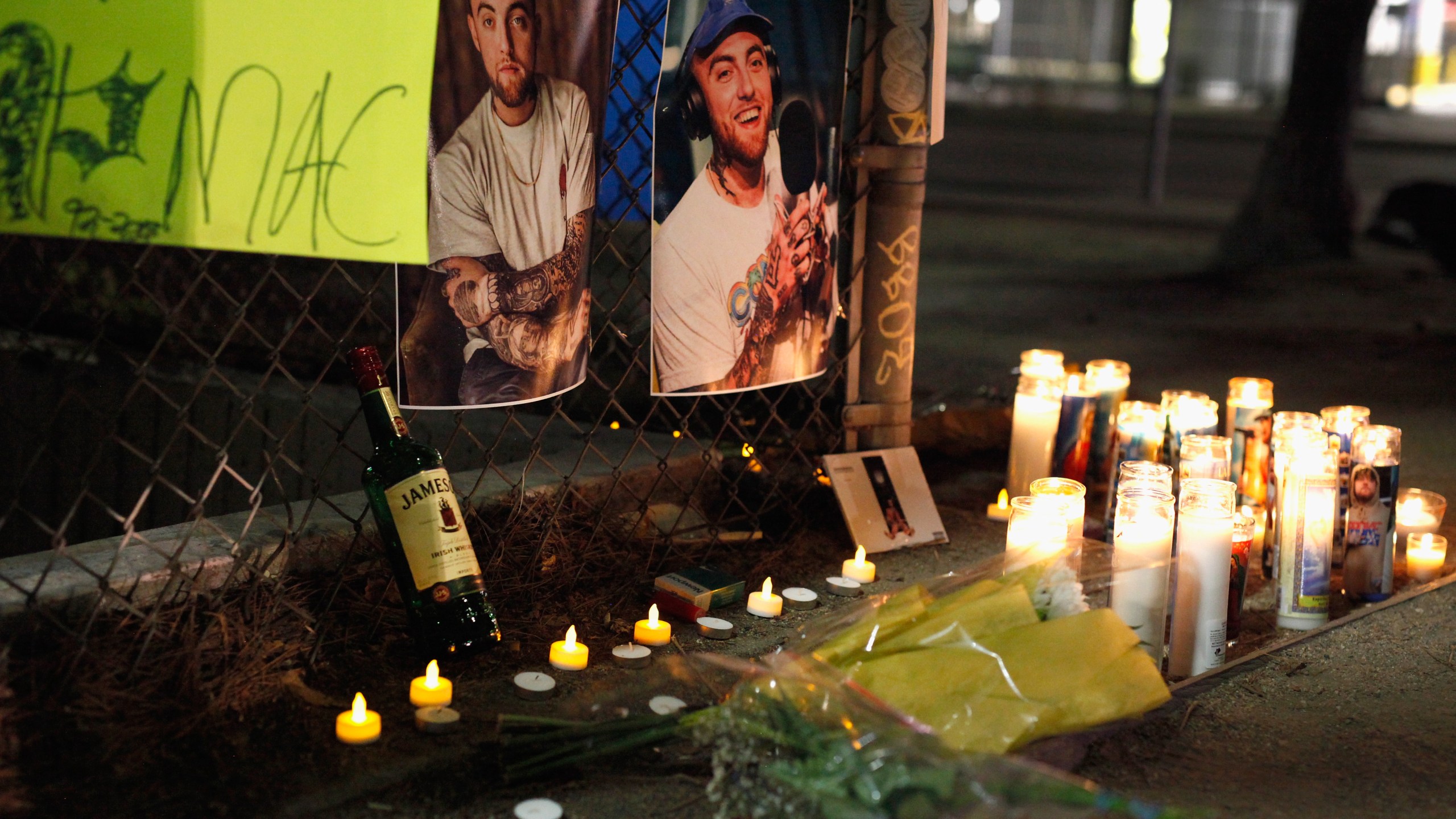 A makeshift memorial for late rapper Mac Miller appears at the corner of Fairfax and Melrose Avenues on Sept. 8, 2018 in Los Angeles. (Credit: Katharine Lotze/Getty Images)