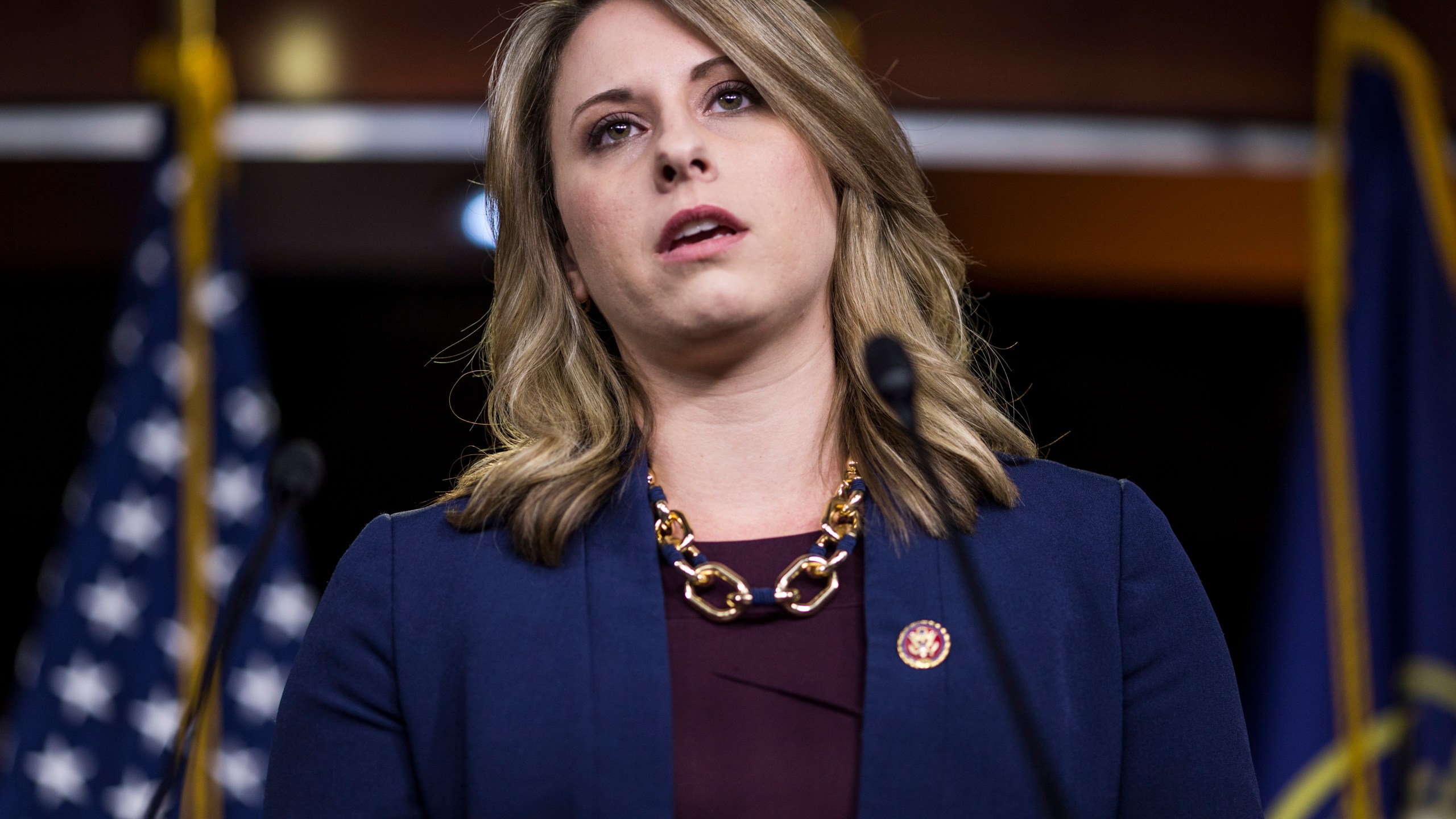 Rep. Katie Hill speaks during a news conference in Washington, D.C., on April 9, 2019. (Zach Gibson / Getty Images)