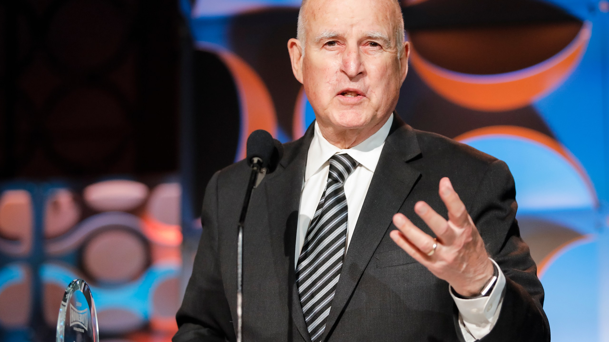 Governor Jerry Brown receives an awards at the Homeboy Industries 2019 Lo Máximo Awards Dinner at JW Marriott Los Angeles at L.A. LIVE on March 30, 2019, in Los Angeles. (Credit: Tibrina Hobson/Getty Images for Homeboy Industries)