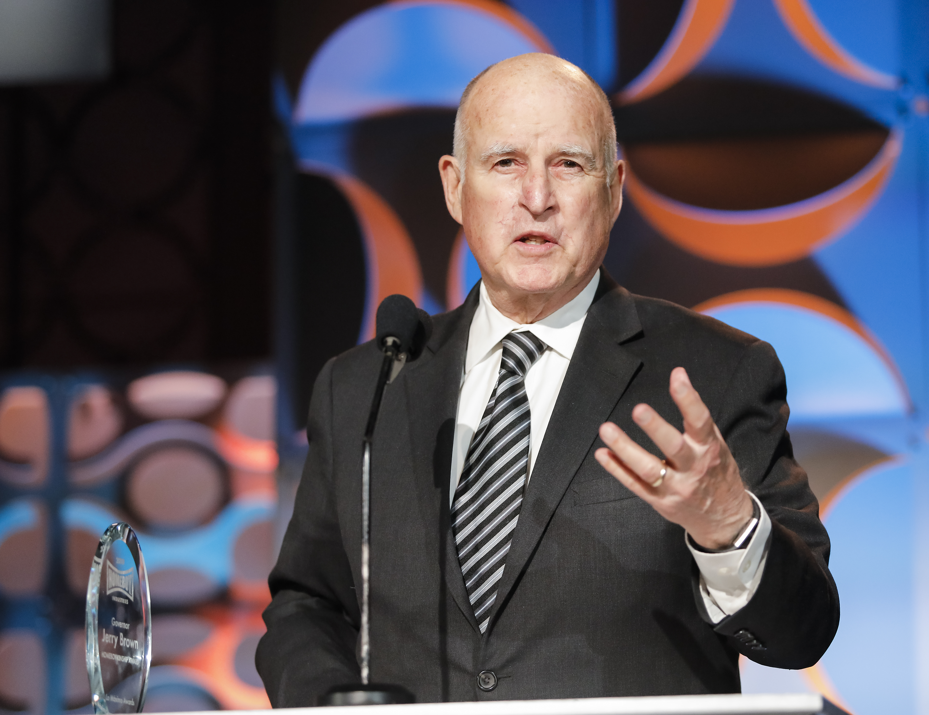 Governor Jerry Brown receives an awards at the Homeboy Industries 2019 Lo Máximo Awards Dinner at JW Marriott Los Angeles at L.A. LIVE on March 30, 2019, in Los Angeles. (Credit: Tibrina Hobson/Getty Images for Homeboy Industries)