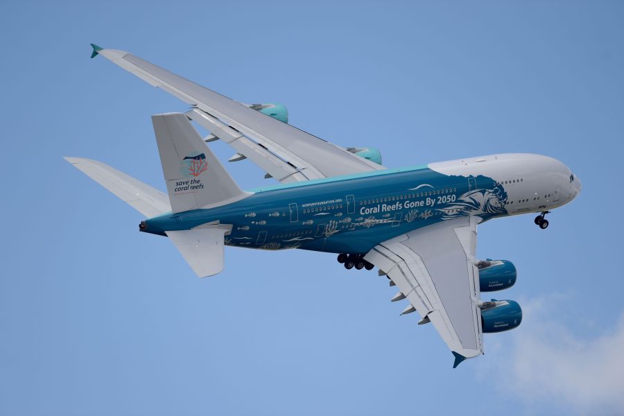 An Airbus A380 performs its flying display on the first public day of the International Paris Air Show on June 21 , 2019 at Le Bourget Airport. (Credit: ERIC PIERMONT/AFP/Getty Images)