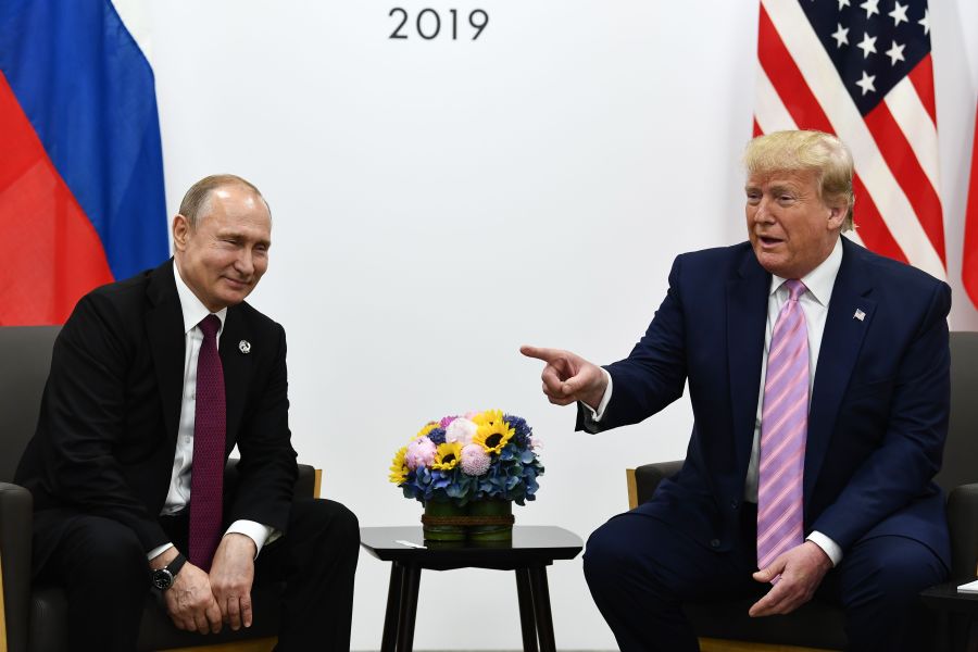 U.S. President Donald Trump attends a meeting with Russia's President Vladimir Putin during the G20 summit in Osaka on June 28, 2019. (Credit: BRENDAN SMIALOWSKI/AFP/Getty Images)