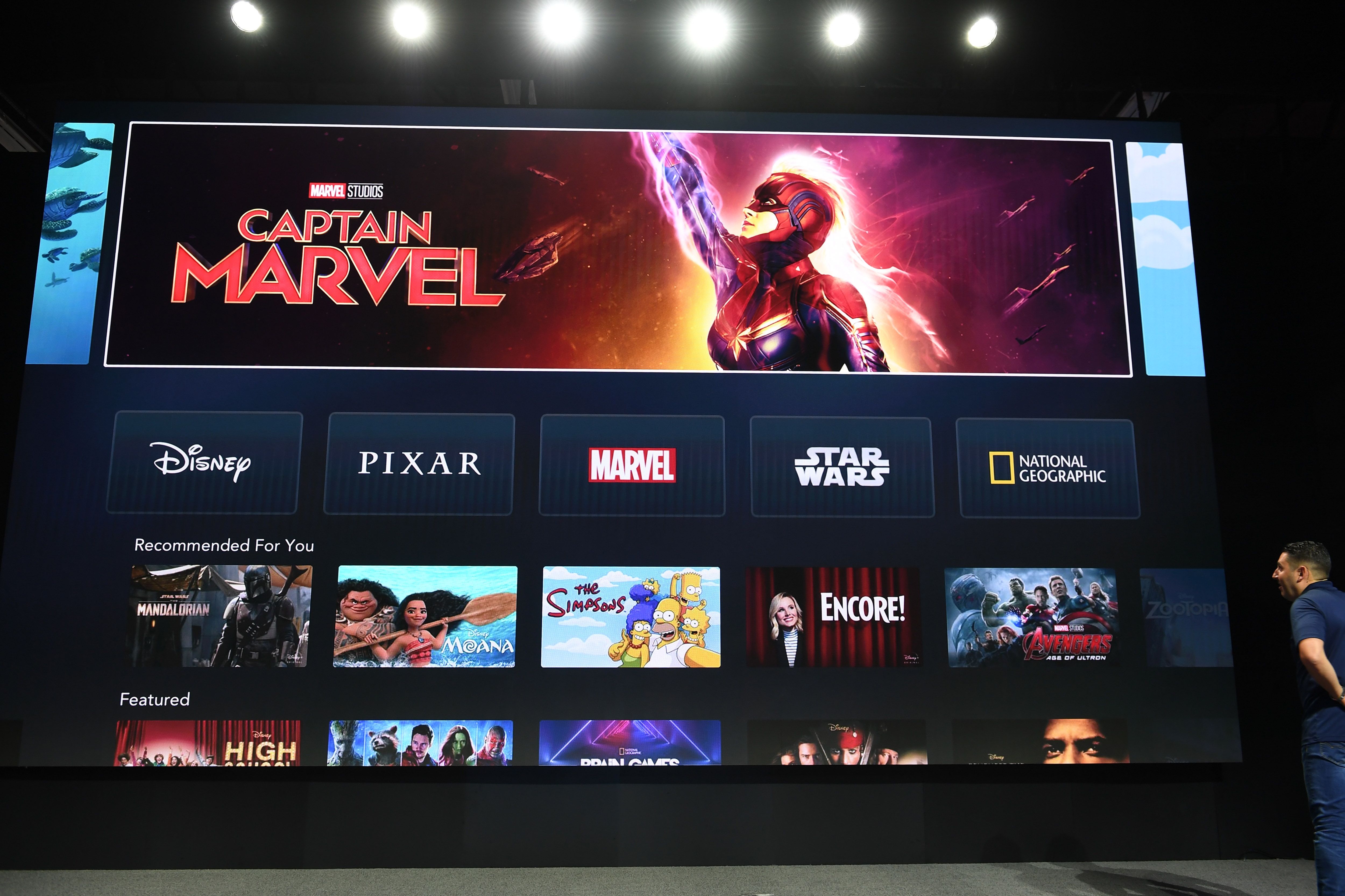 The interface of the Disney+ streaming service is displayed on Apple Inc.'s AppleTV at the D23 Expo on Aug. 23, 2019 at the Anaheim Convention Center. (Credit: ROBYN BECK/AFP/Getty Images)