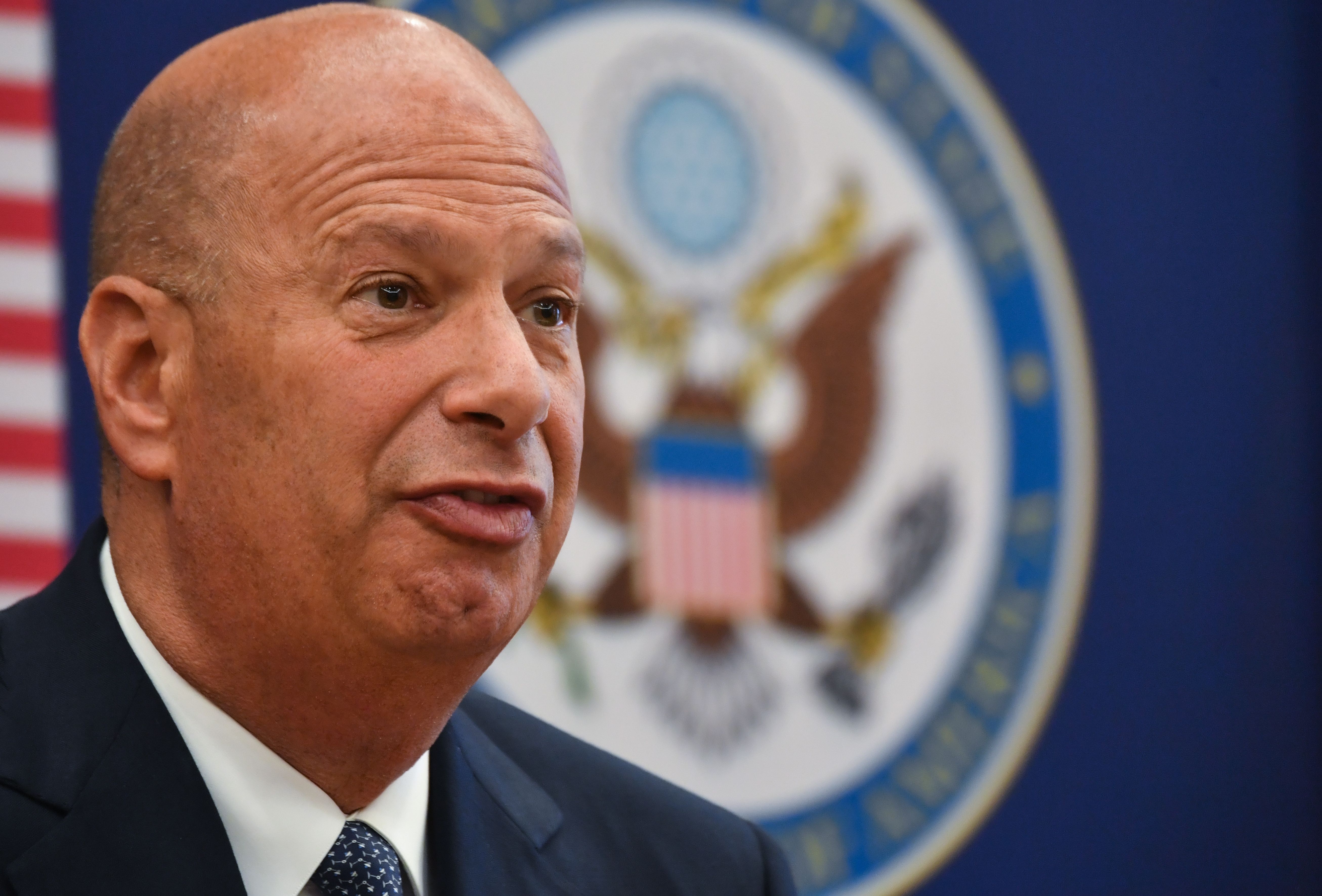 Gordon Sondland, the United States Ambassador to the European Union, adresses the media during a press conference at the US Embassy to Romania in Bucharest September 5, 2019. (Credit: DANIEL MIHAILESCU/AFP/Getty Images)