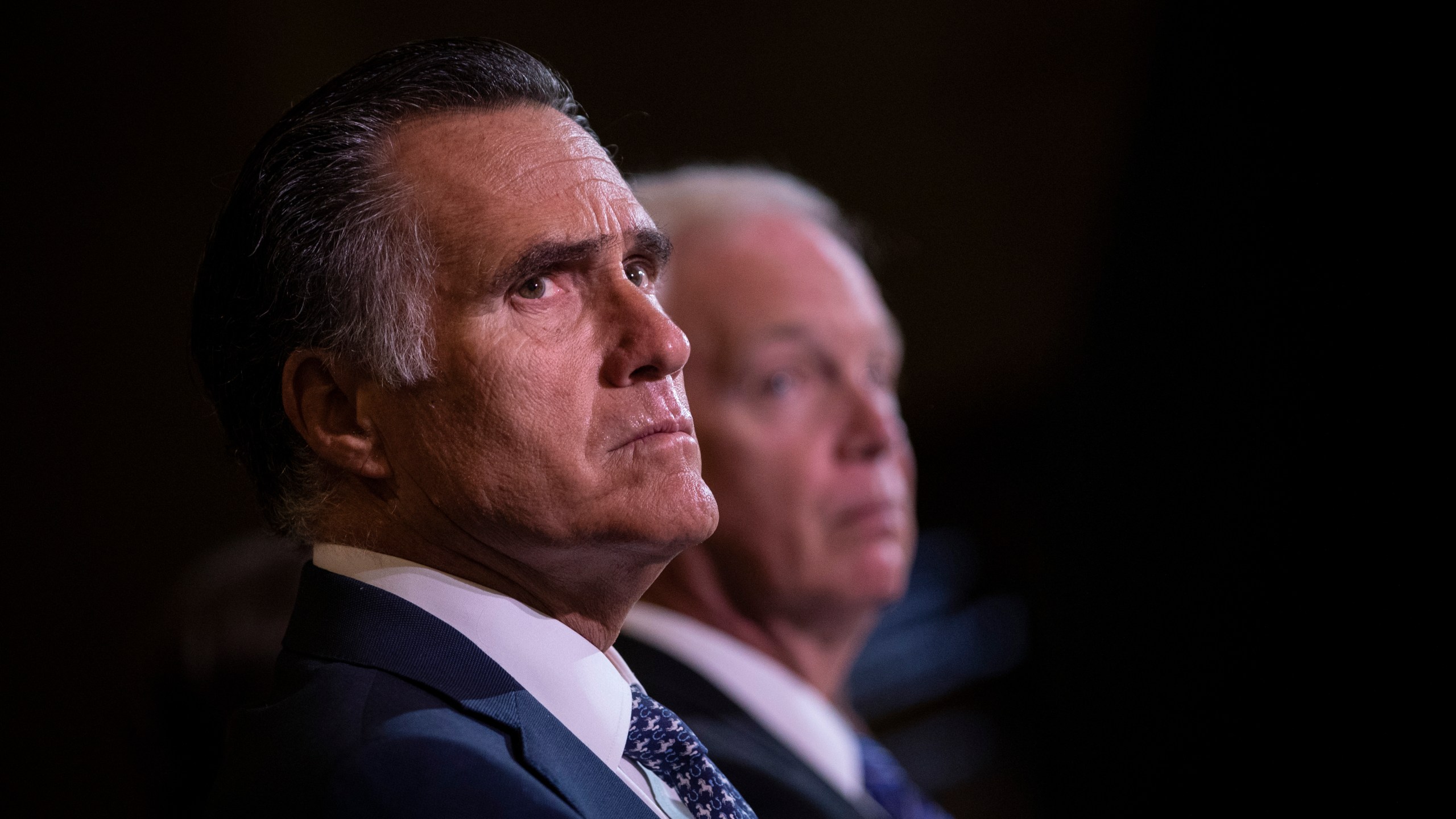 Senators Mitt Romney (R-UT) and Ron Johnson (R-WI) attend a a special Senate Committee on Homeland Security and Governmental affairs hearing on "The State of Homeland Security after 9/11" at the National September 11th Memorial & Museum on Sept. 9, 2019, in New York City. (Credit: Drew Angerer/Getty Images)