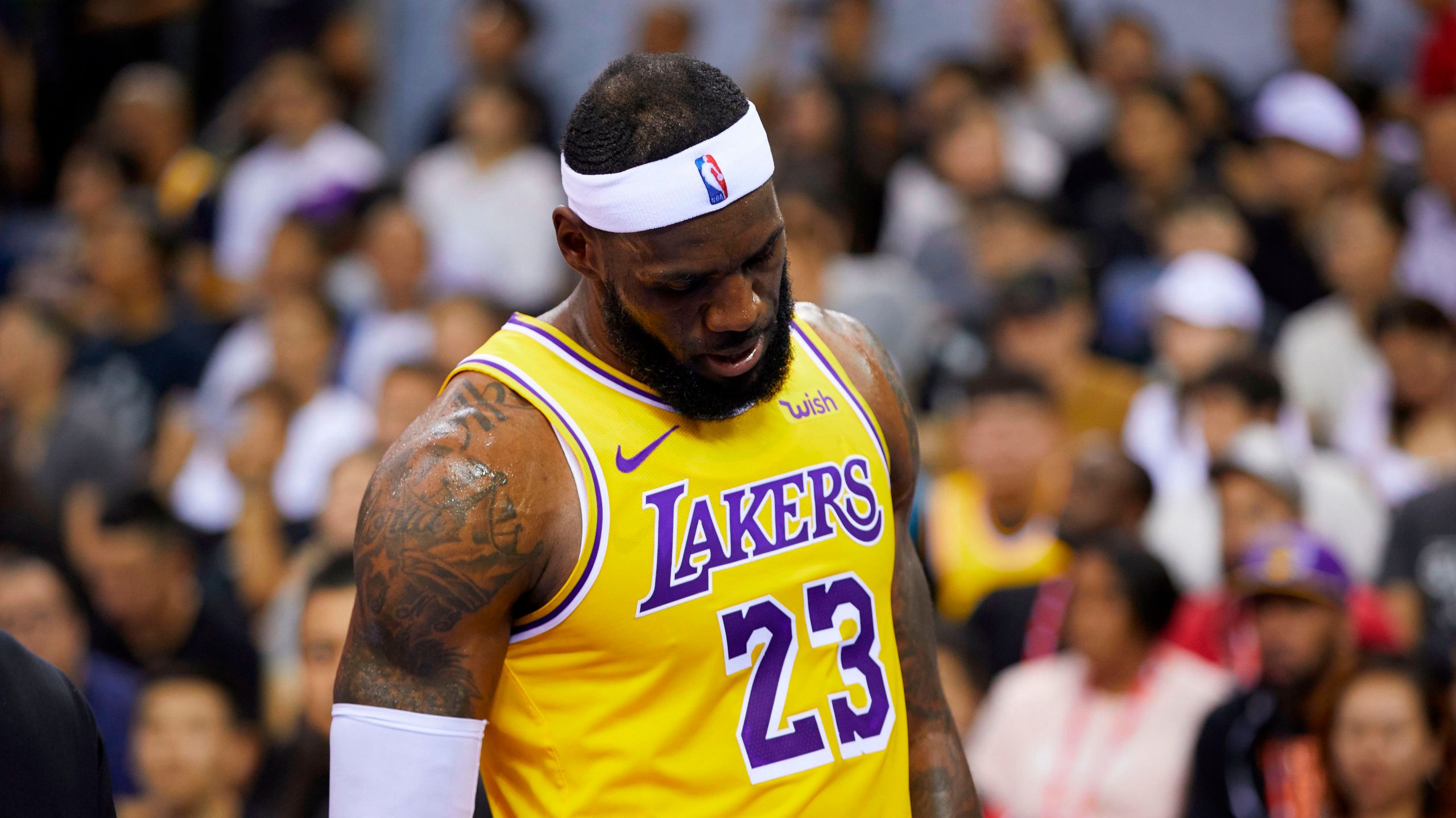 Lakers star LeBron James reacts during the NBA pre-season game between Los Angeles and Brooklyn Nets in Shenzhen, in China's southern Guangdong province on October 12, 2019. (Credit: STR/AFP via Getty Images)