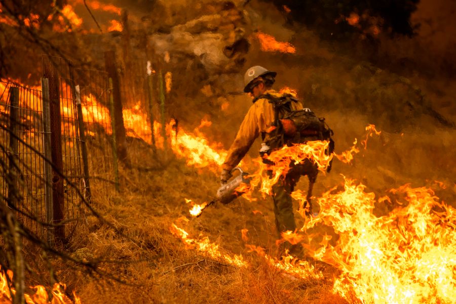 A firefighter sets a back fire along a hillside during firefighting operations to battle the Kincade Fire in Healdsburg, Calif. on Oct. 26, 2019. (Credit: PHILIP PACHECO/AFP via Getty Images)