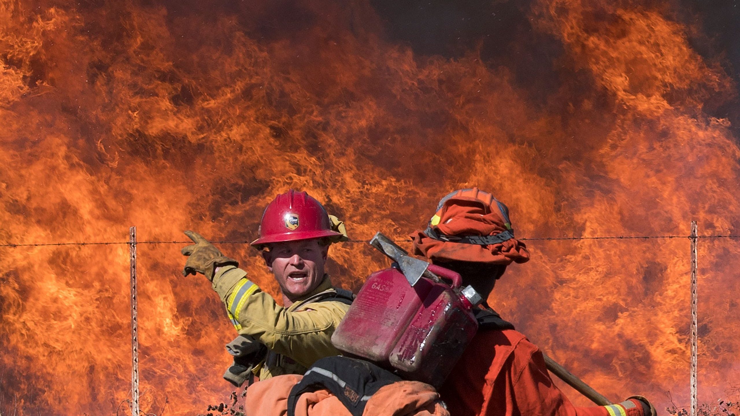 Firefighters prepare to put out flames on the road leading to the Reagan Library during the Easy Fire in Simi Valley on Oct. 30, 2019. (Credit: Mark Ralston / AFP / Getty Images)