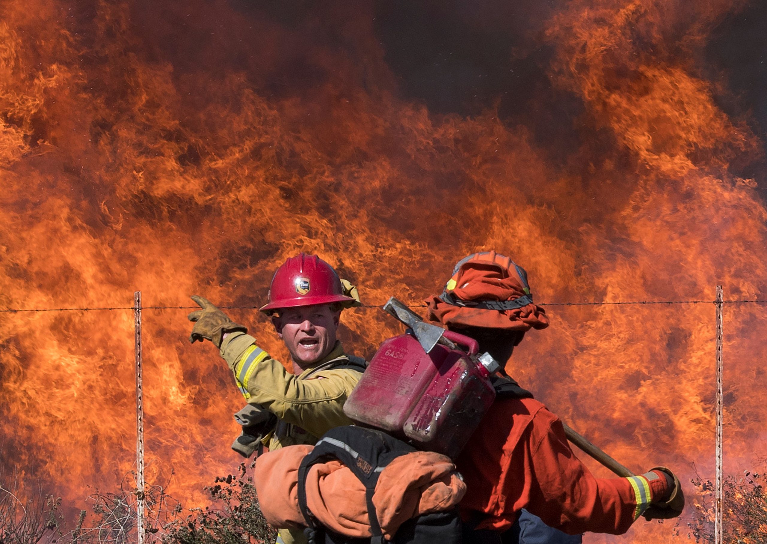 Firefighters prepare to put out flames on the road leading to the Reagan Library during the Easy Fire in Simi Valley on Oct. 30, 2019. (Credit: Mark Ralston / AFP / Getty Images)