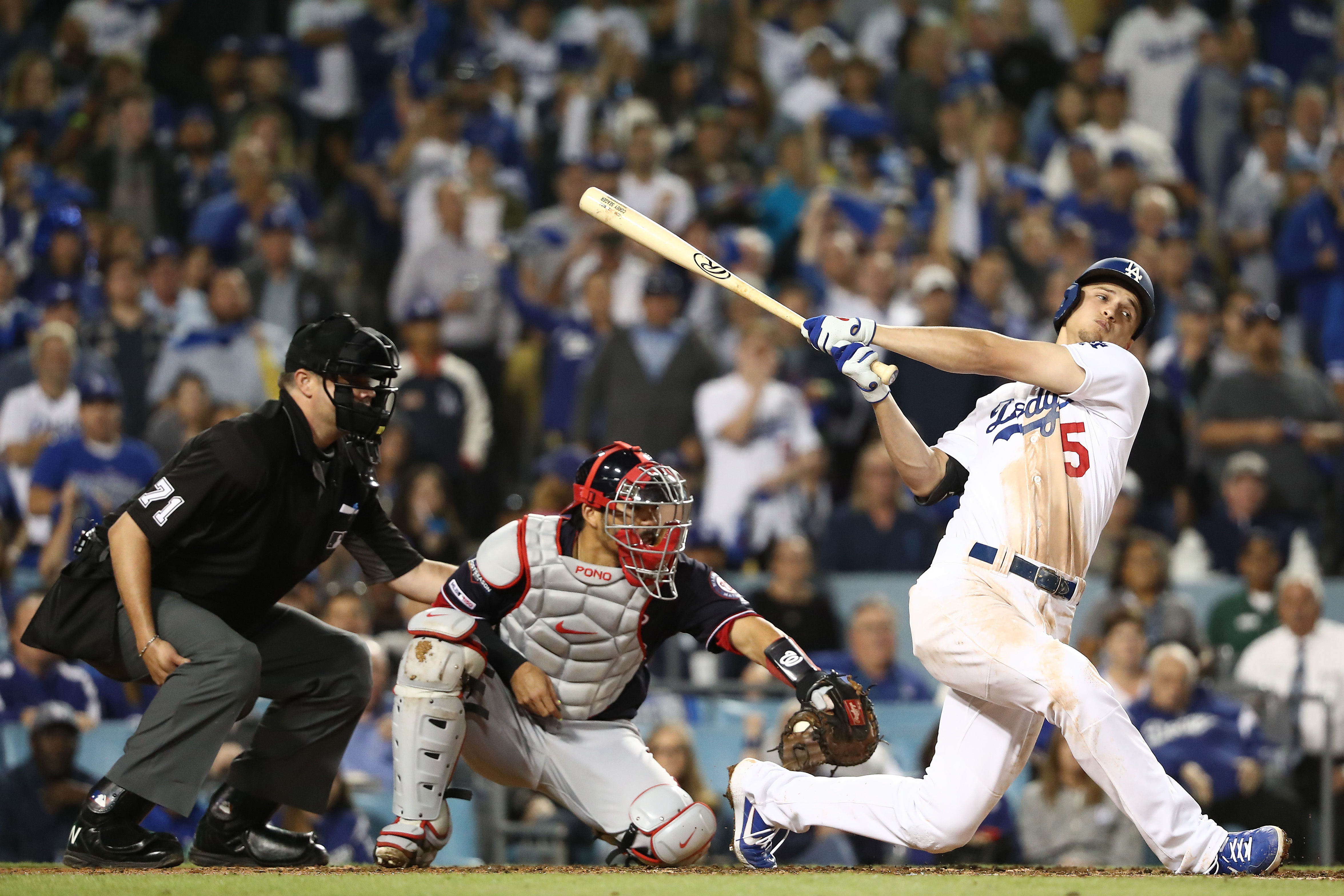 Corey Seager of the Los Angeles Dodgers strikes out to end the fifth inning in Game 2 of the National League Division Series against the Washington Nationals at Dodger Stadium on Oct. 4, 2019. (Credit: Sean M. Haffey / Getty Images)