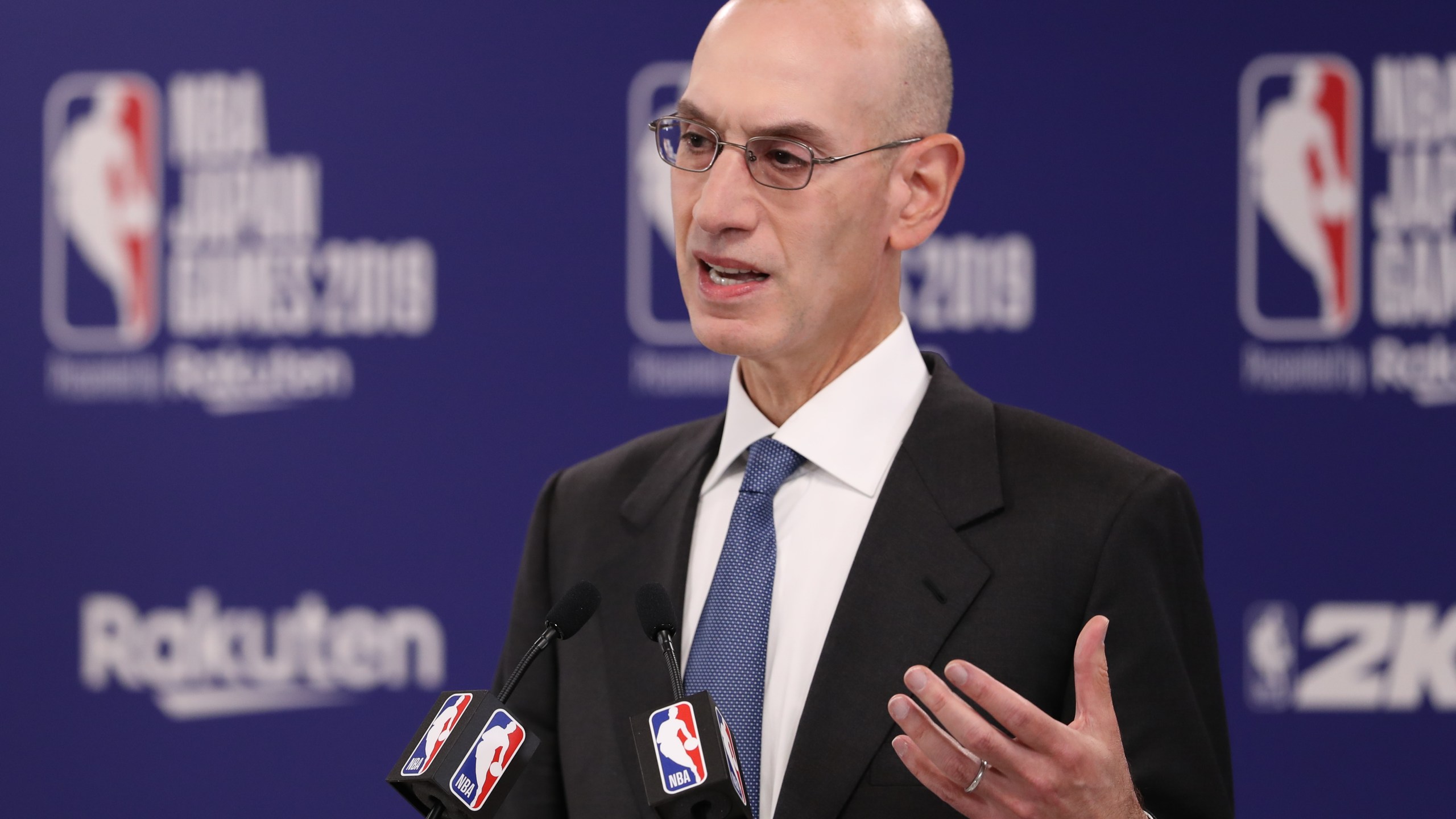 Commissioner of the National Basketball Association (NBA) Adam Silver speaks during a press conference prior to the preseason game between Houston Rockets and Toronto Raptors at Saitama Super Arena on October 08, 2019 in Saitama, Japan. (Credit: Takashi Aoyama/Getty Images)